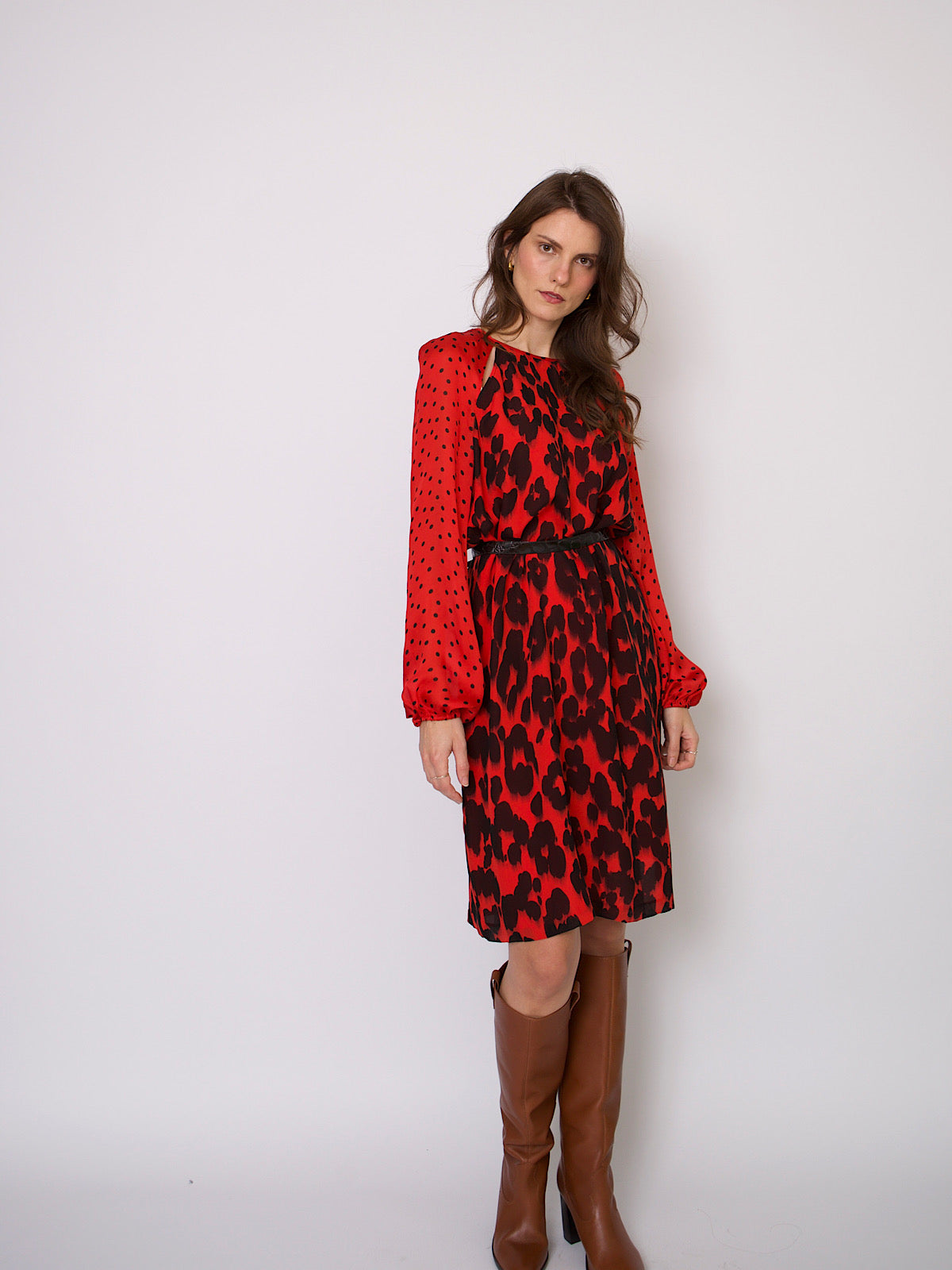 Vintage red silk Moschino dress animal & polka dot print