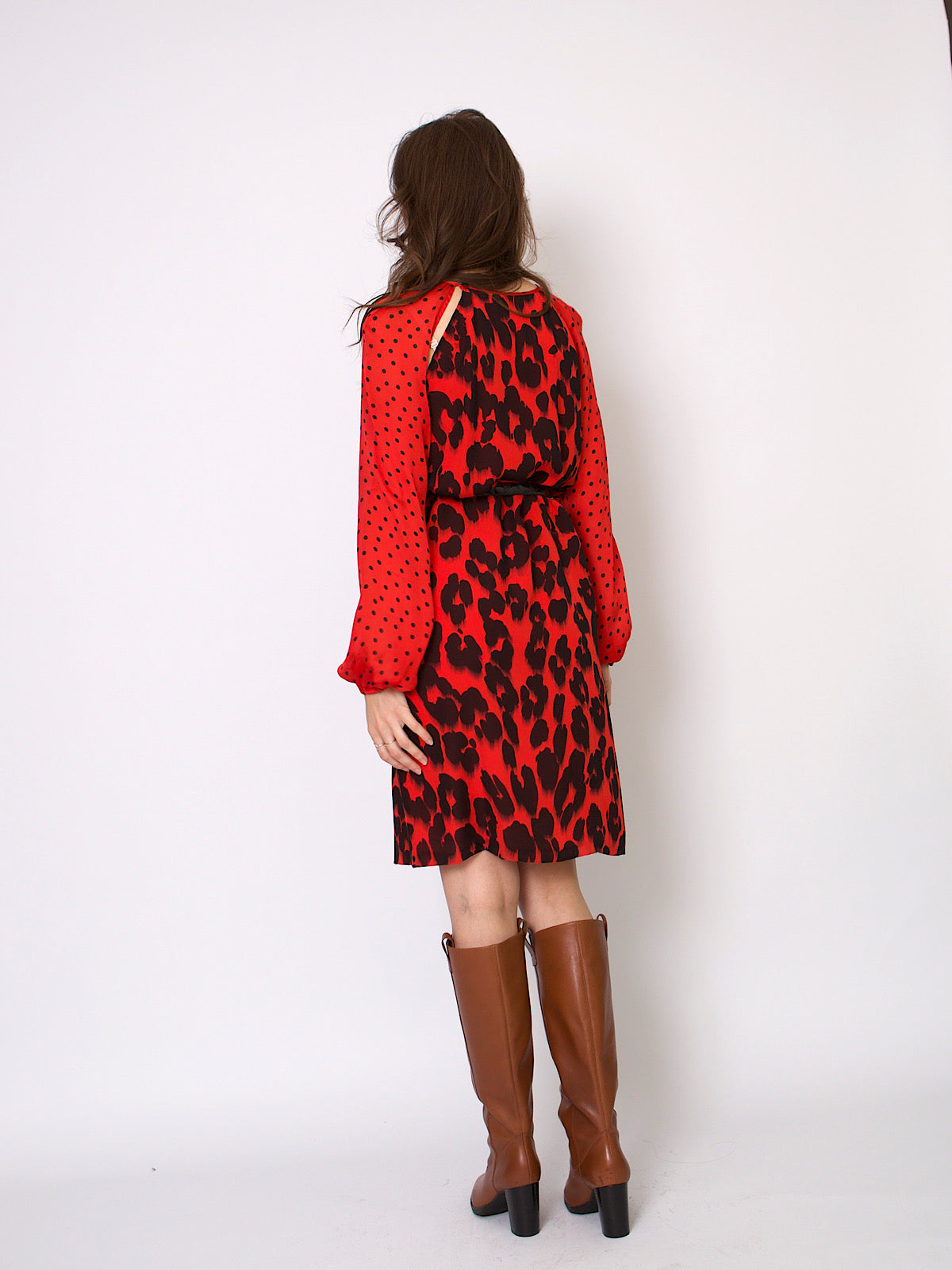 Vintage red silk Moschino dress animal & polka dot print