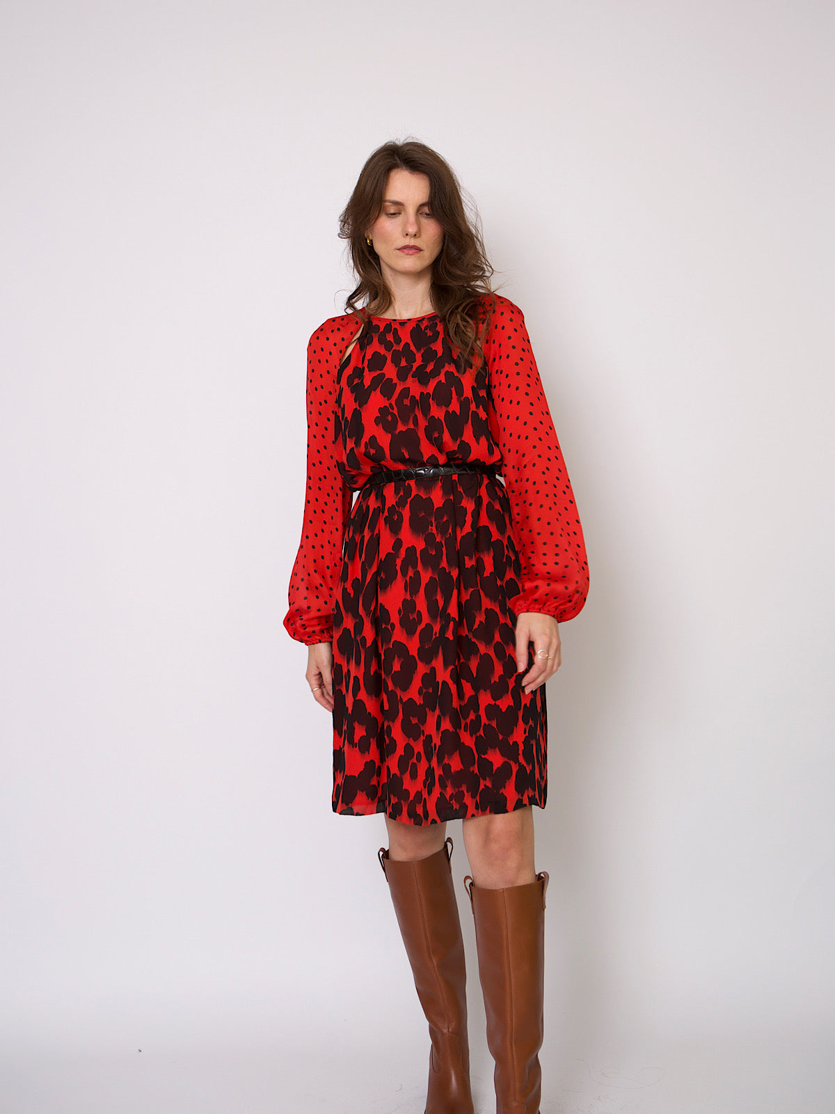 Vintage red silk Moschino dress animal & polka dot print