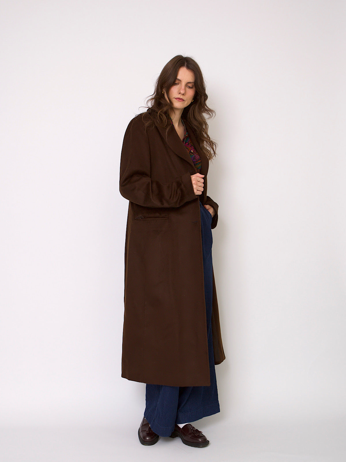 Y2K chocolate brown cashmere coat long length single breasted