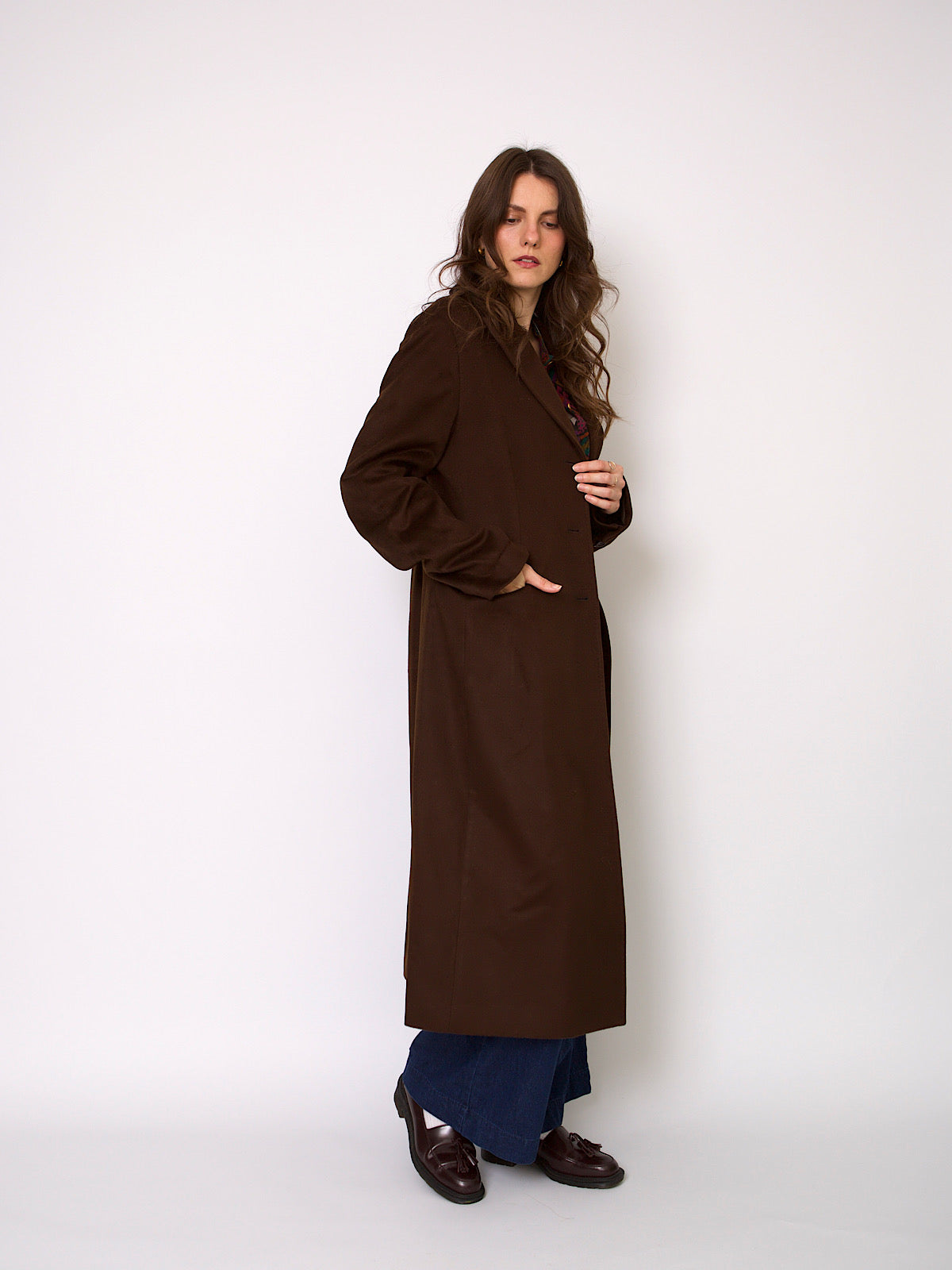 Y2K chocolate brown cashmere coat long length single breasted