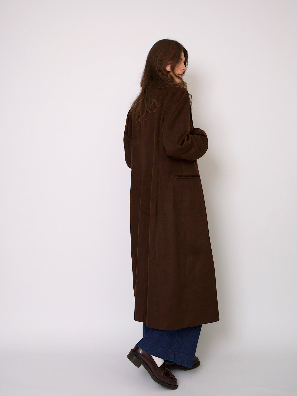 Y2K chocolate brown cashmere coat long length single breasted