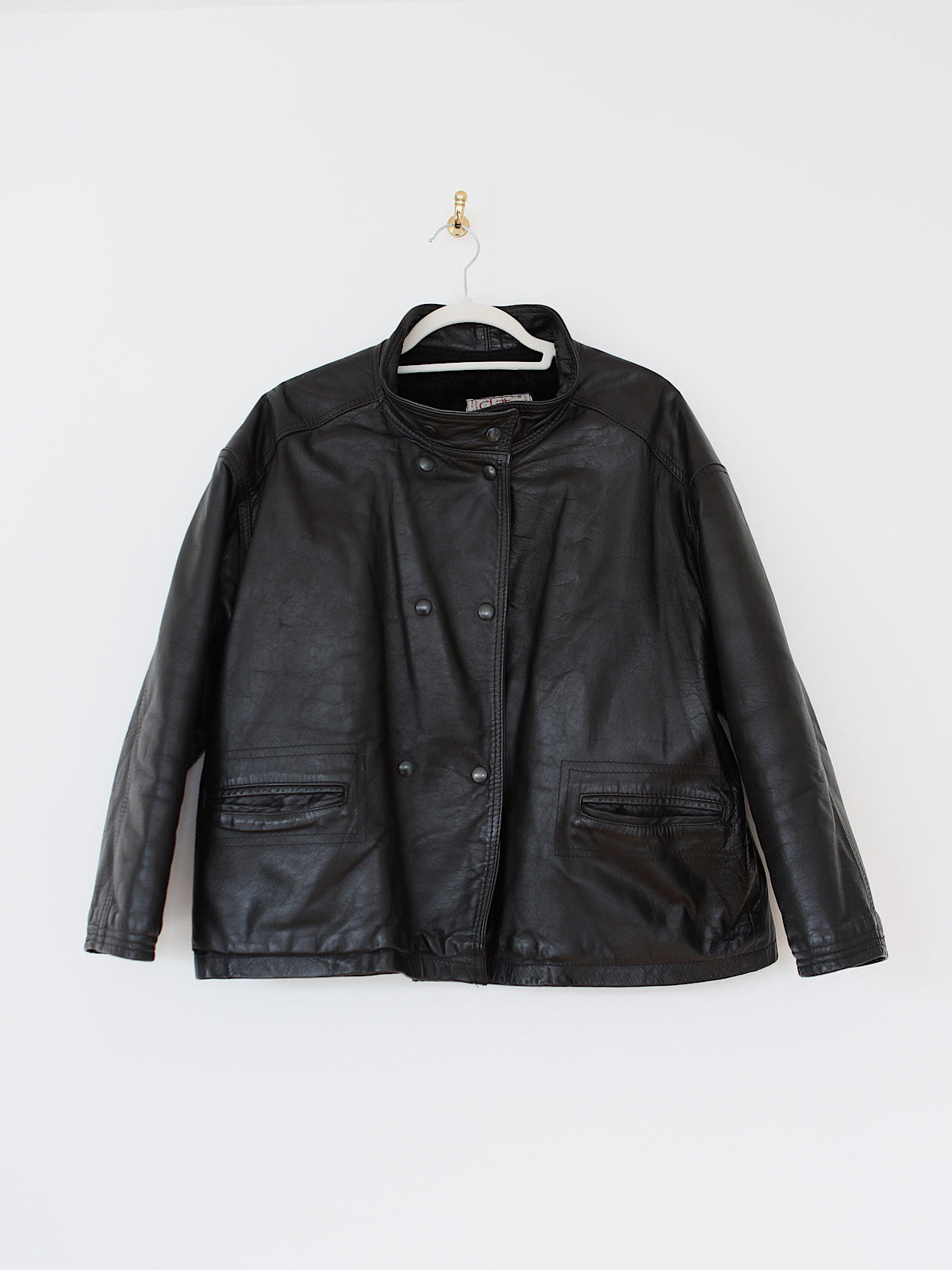 80s black leather boxy jacket with faux fur