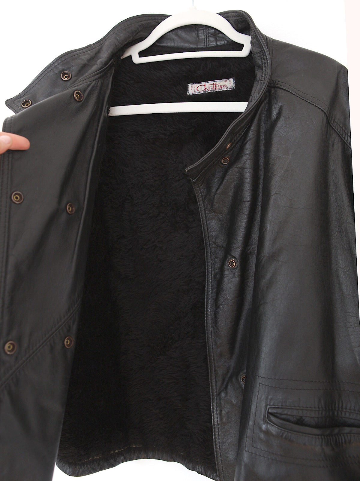 80s black leather boxy jacket with faux fur