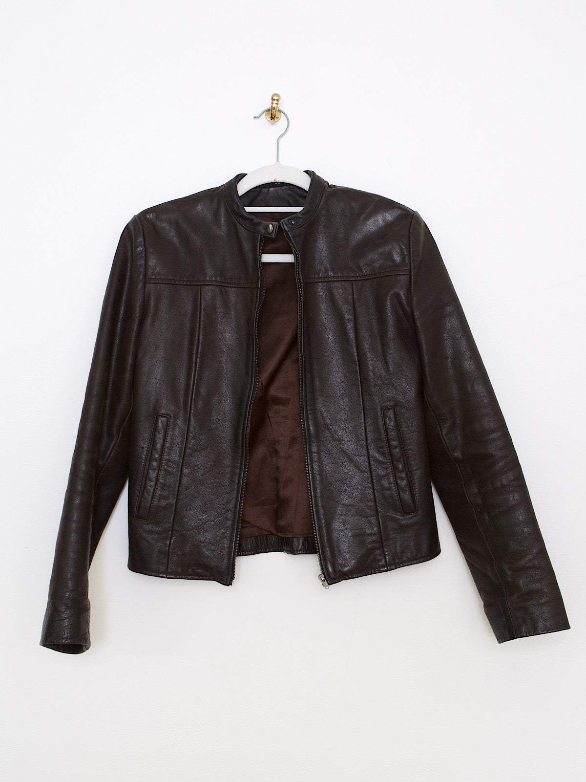 90s fitted dark brown leather jacket