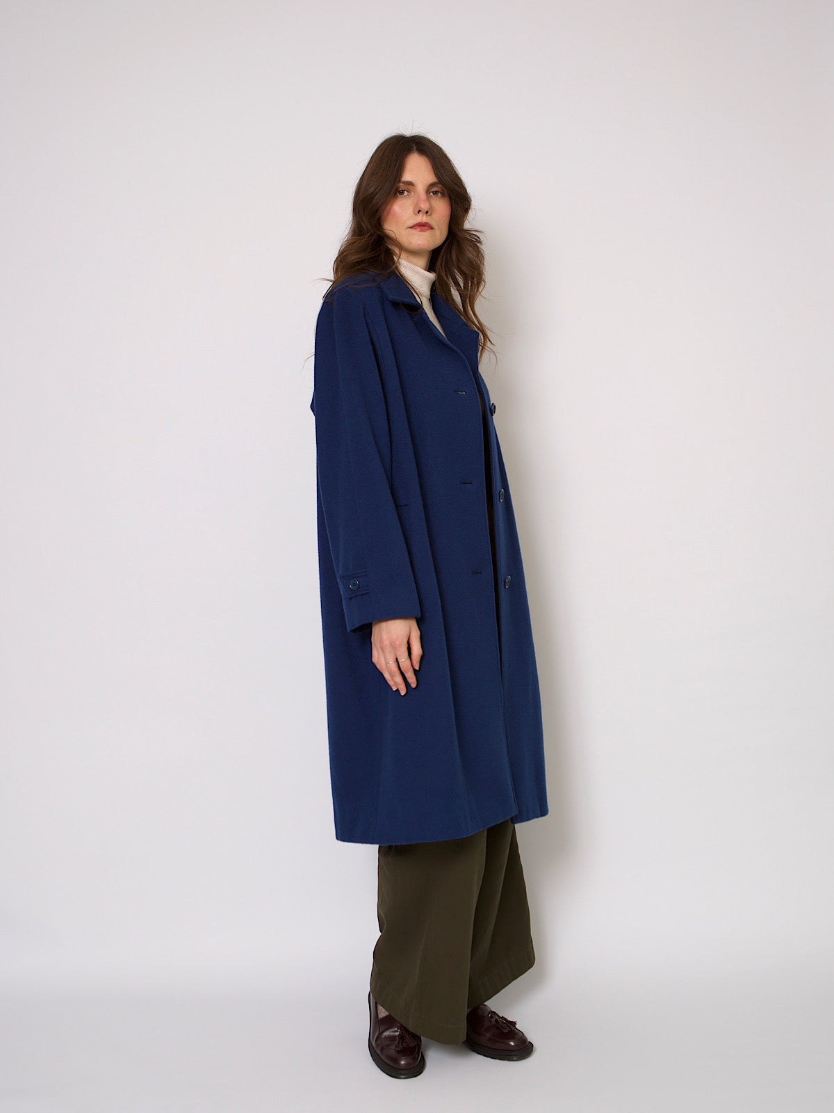 80s vintage pure wool winter coat single breasted blue