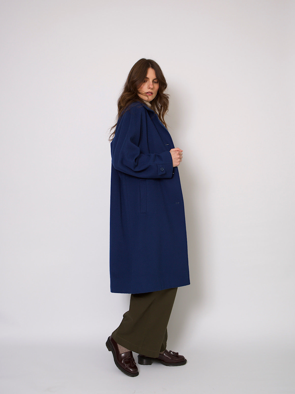 80s vintage pure wool winter coat single breasted blue