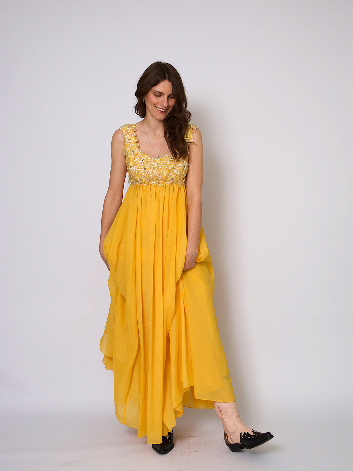 80s vintage empire dress yellow chiffon and beads embellishments