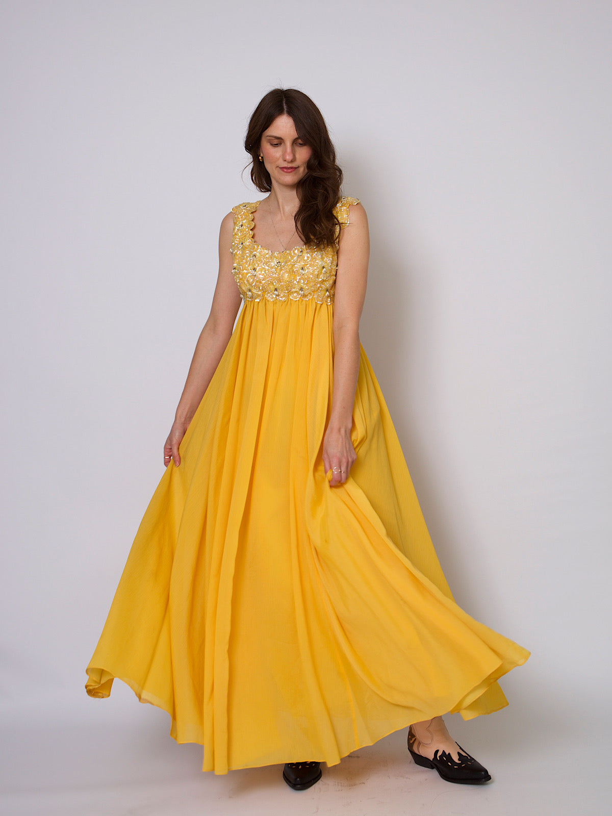 80s vintage empire dress yellow chiffon and beads embellishments