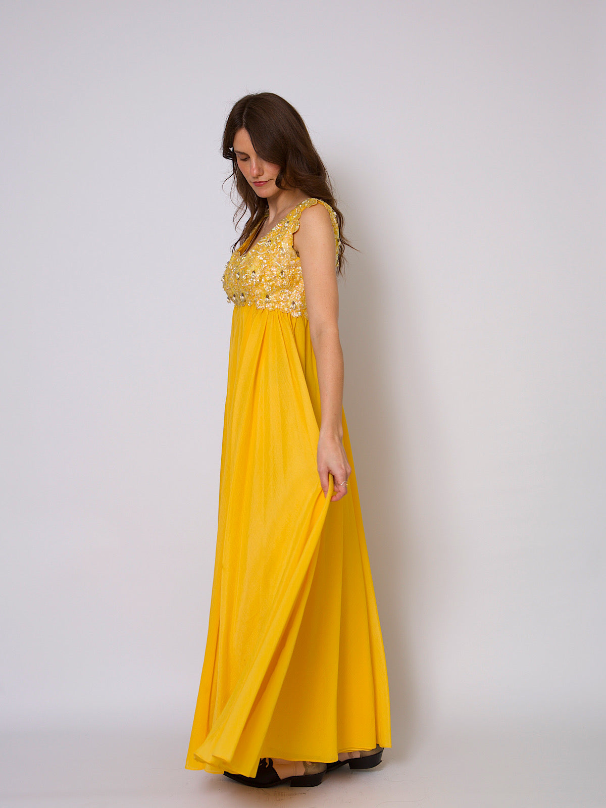 80s vintage empire dress yellow chiffon and beads embellishments