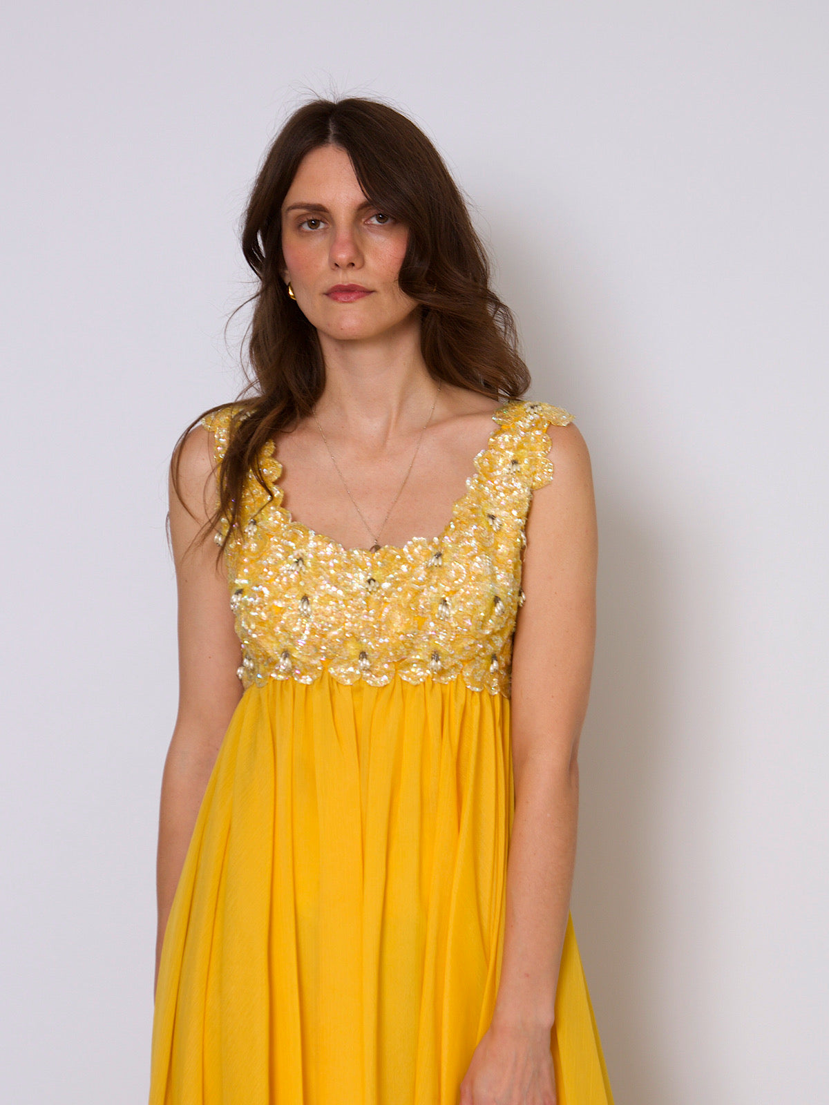 80s vintage empire dress yellow chiffon and beads embellishments