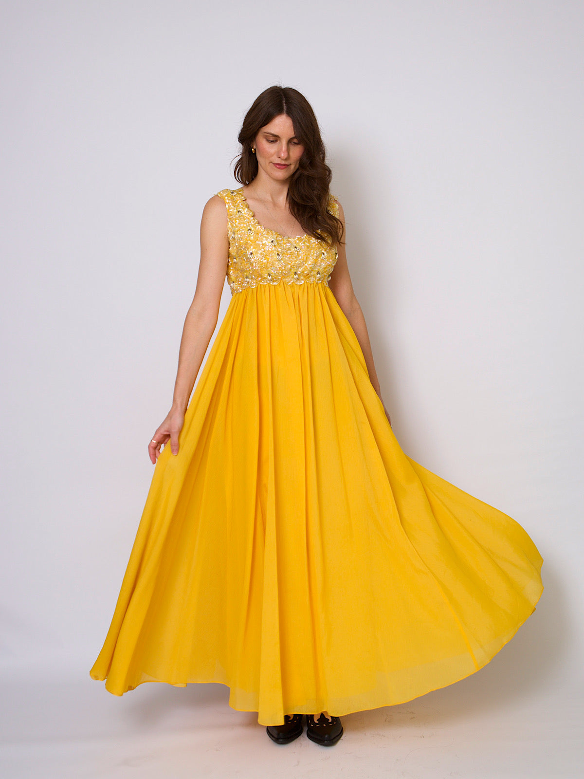 80s vintage empire dress yellow chiffon and beads embellishments