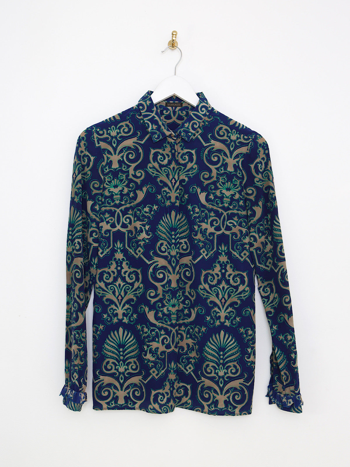 Versace pure silk shirt blue arabesque print