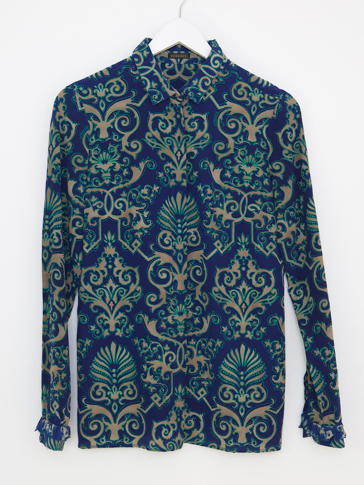 Versace pure silk shirt blue arabesque print