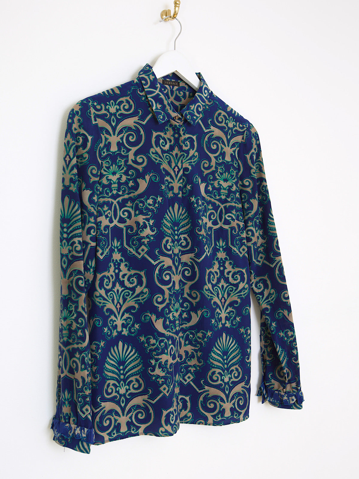 Versace pure silk shirt blue arabesque print