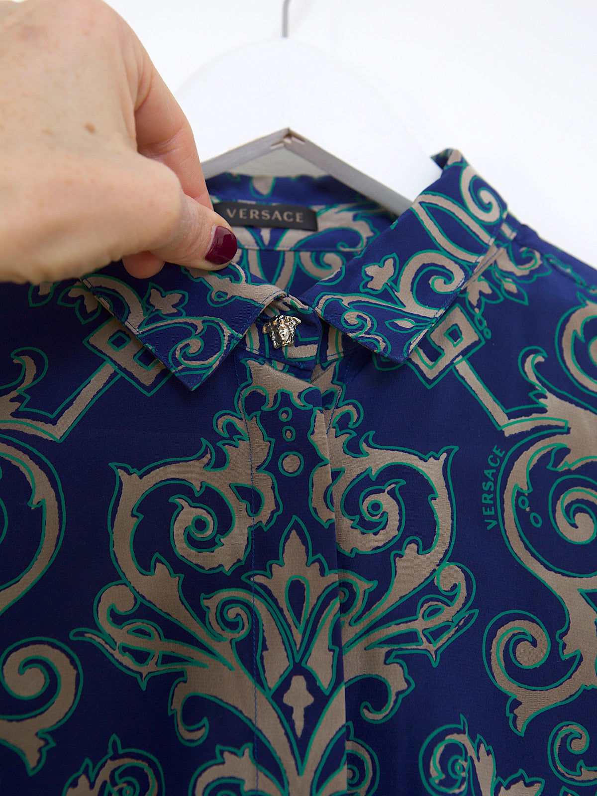 Versace pure silk shirt blue arabesque print