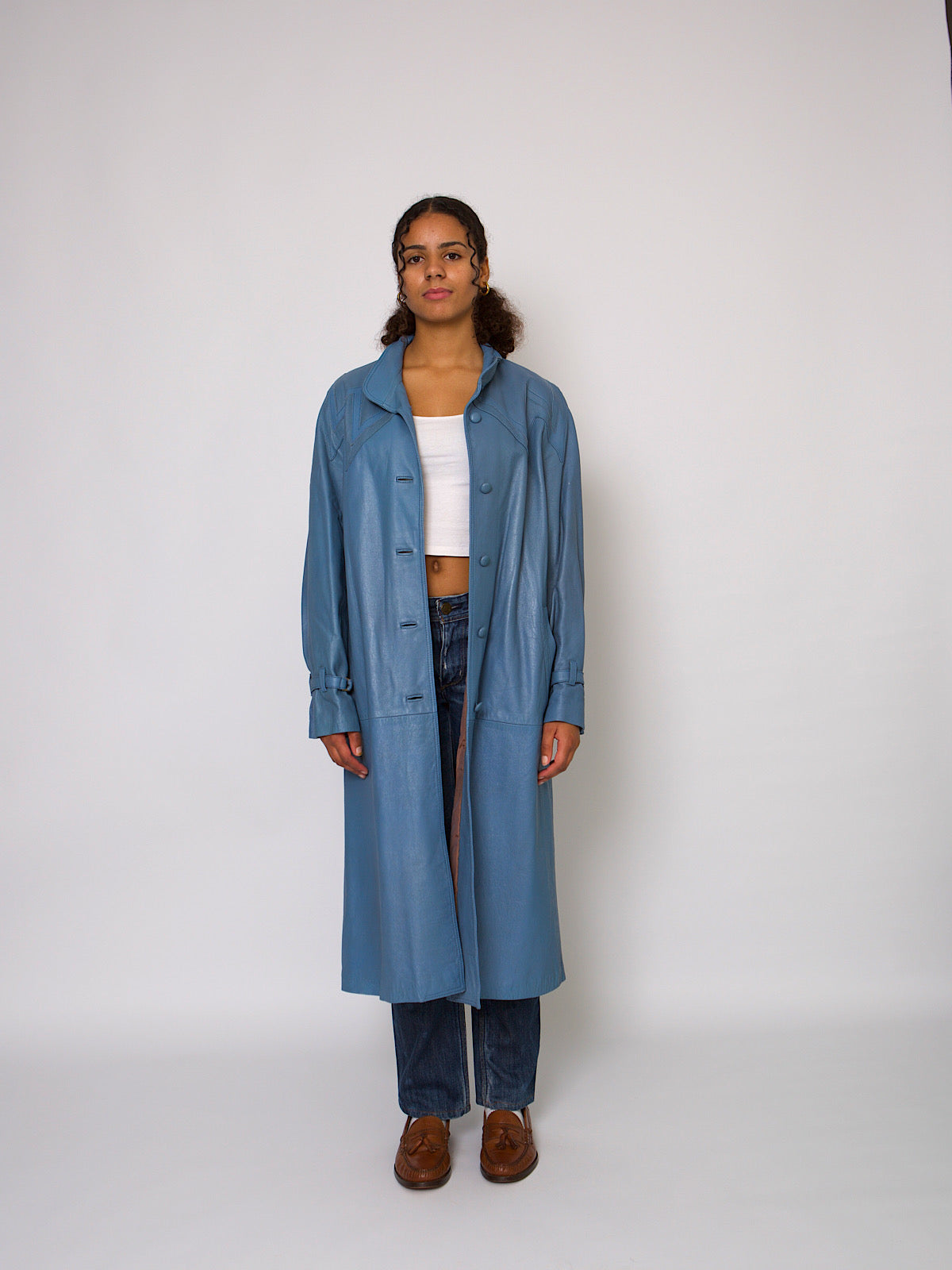 80s blue leather coat zigzag details long length