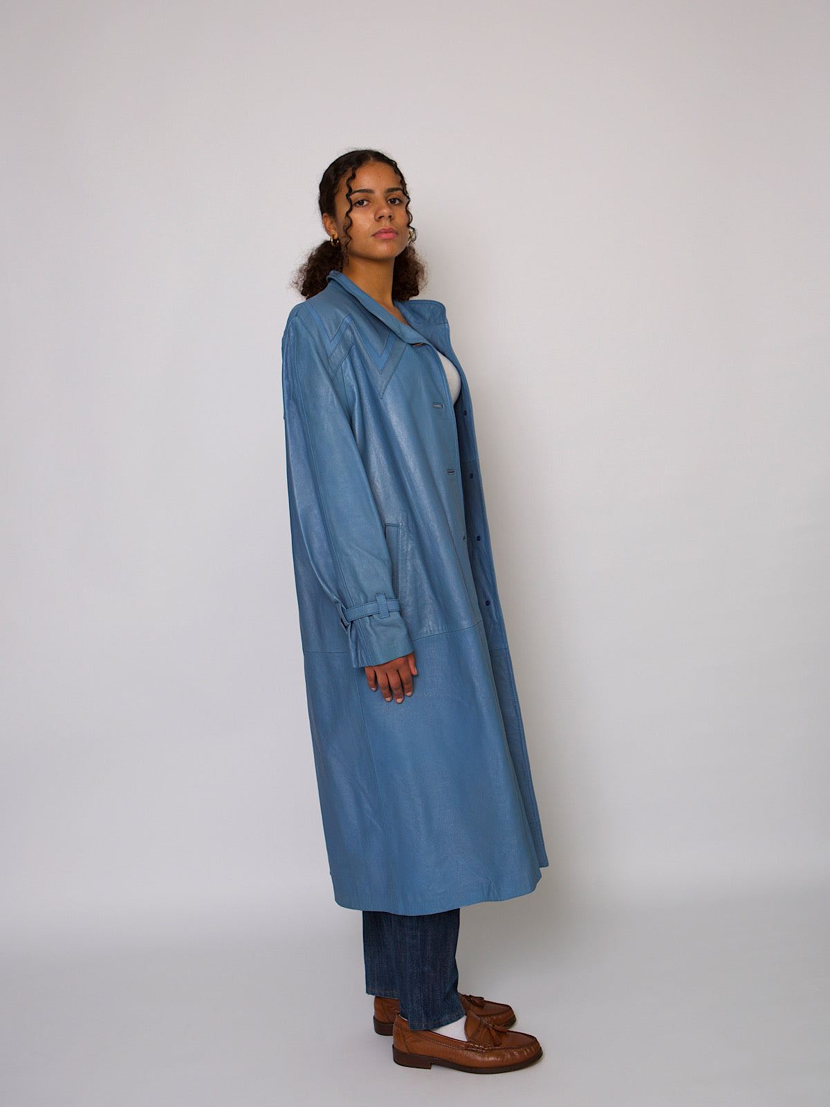 80s blue leather coat zigzag details long length