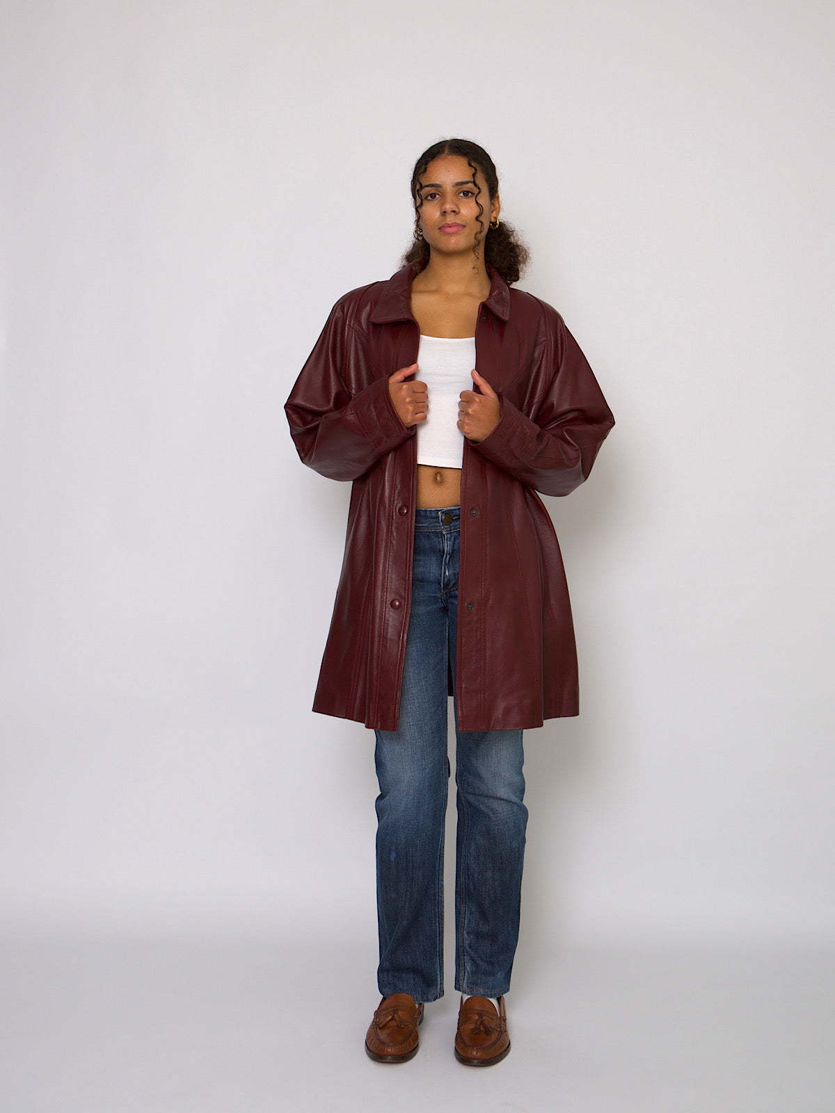 80s vintage leather coat mid length burgundy