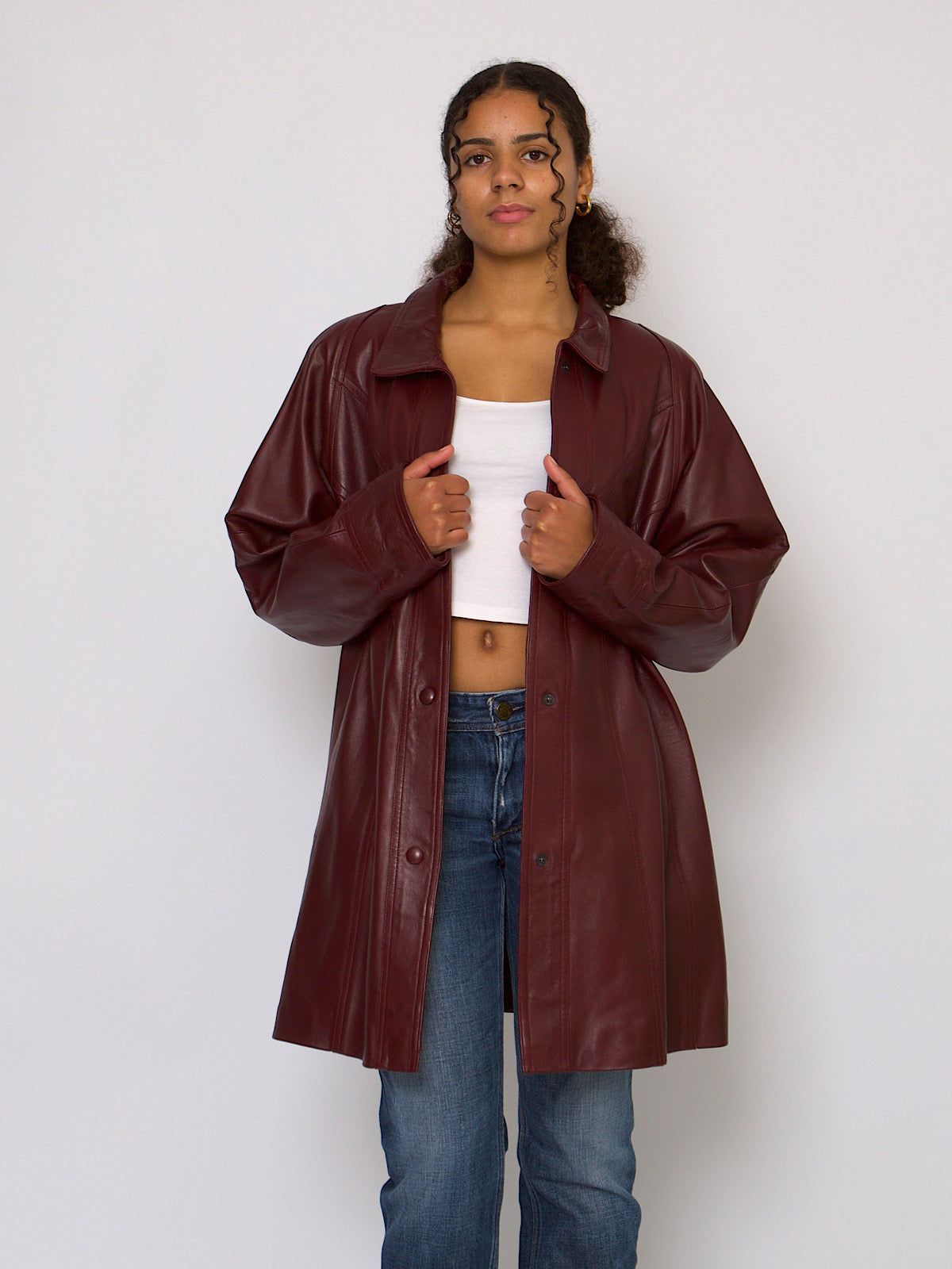 80s vintage leather coat mid length burgundy