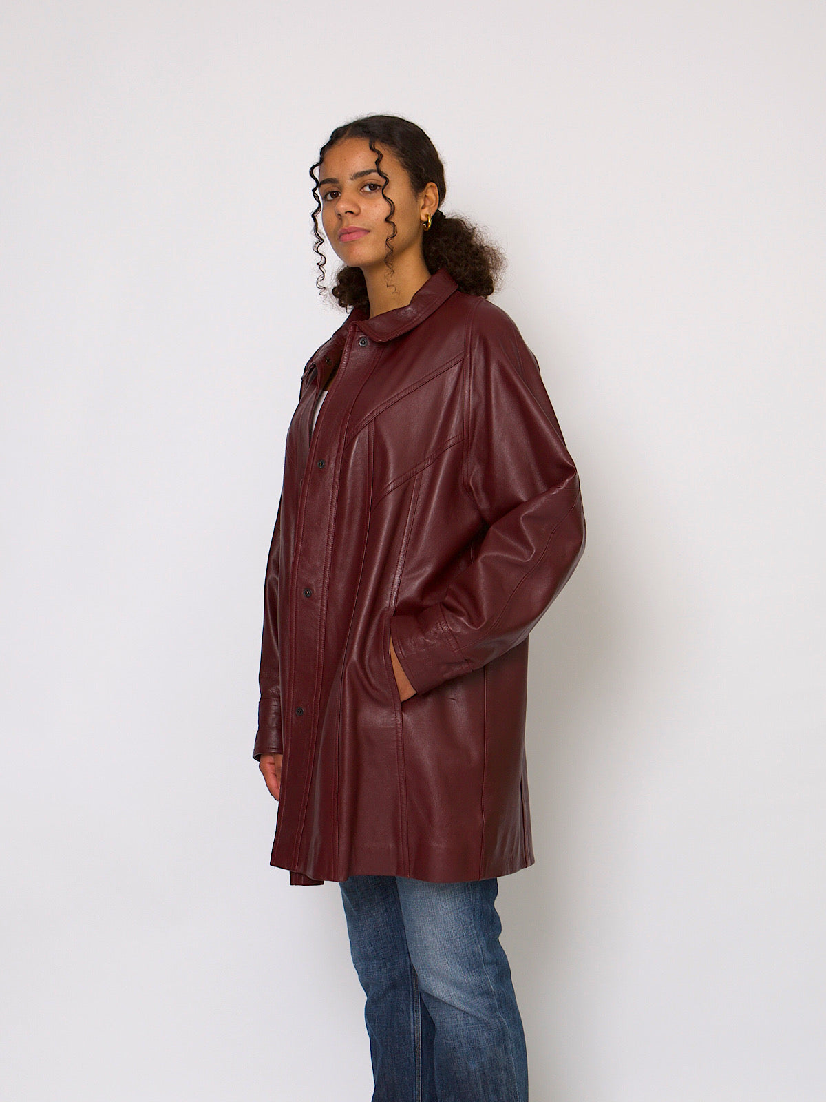 80s vintage leather coat mid length burgundy