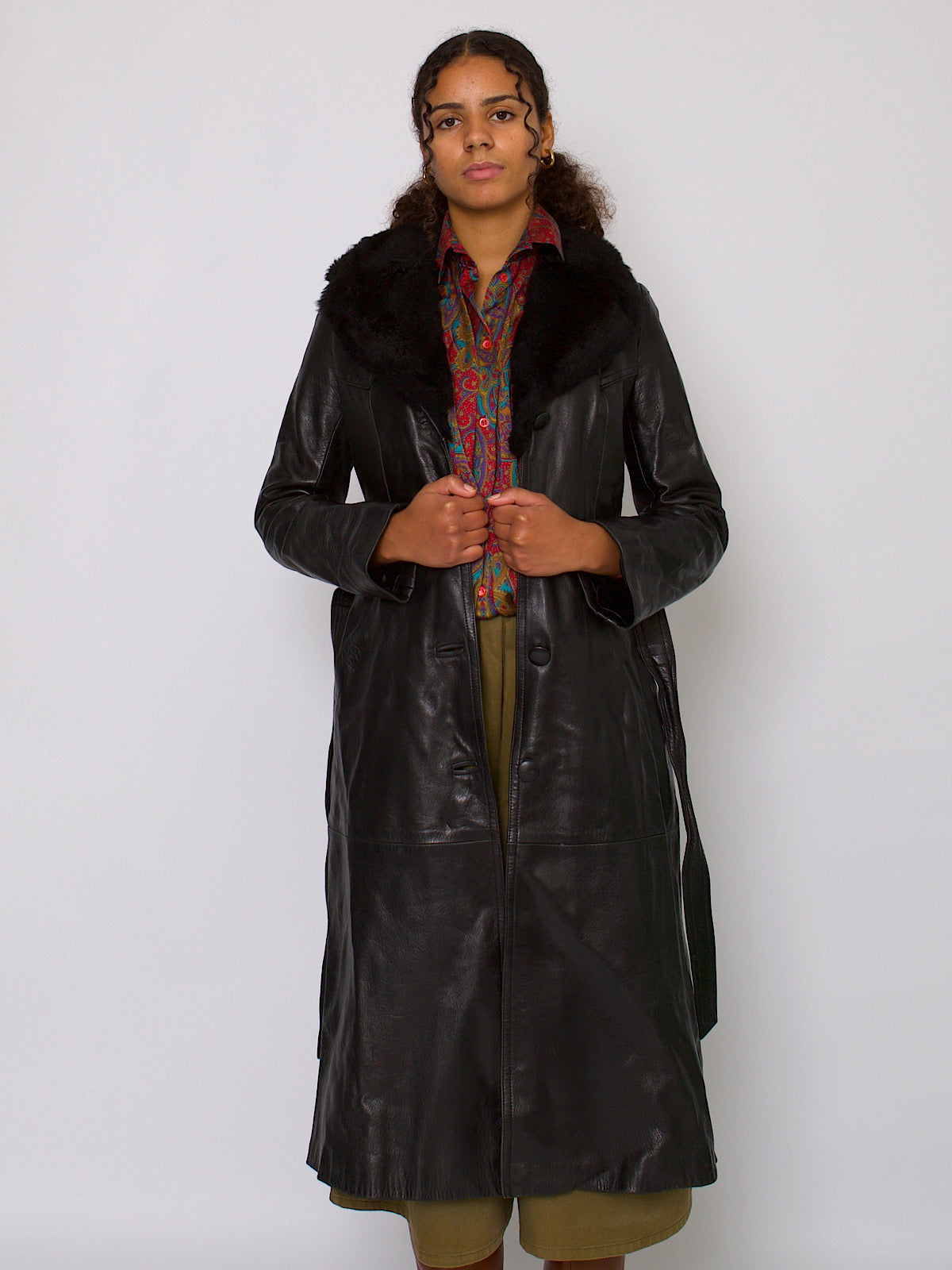 70s leather coat with faux fur collar