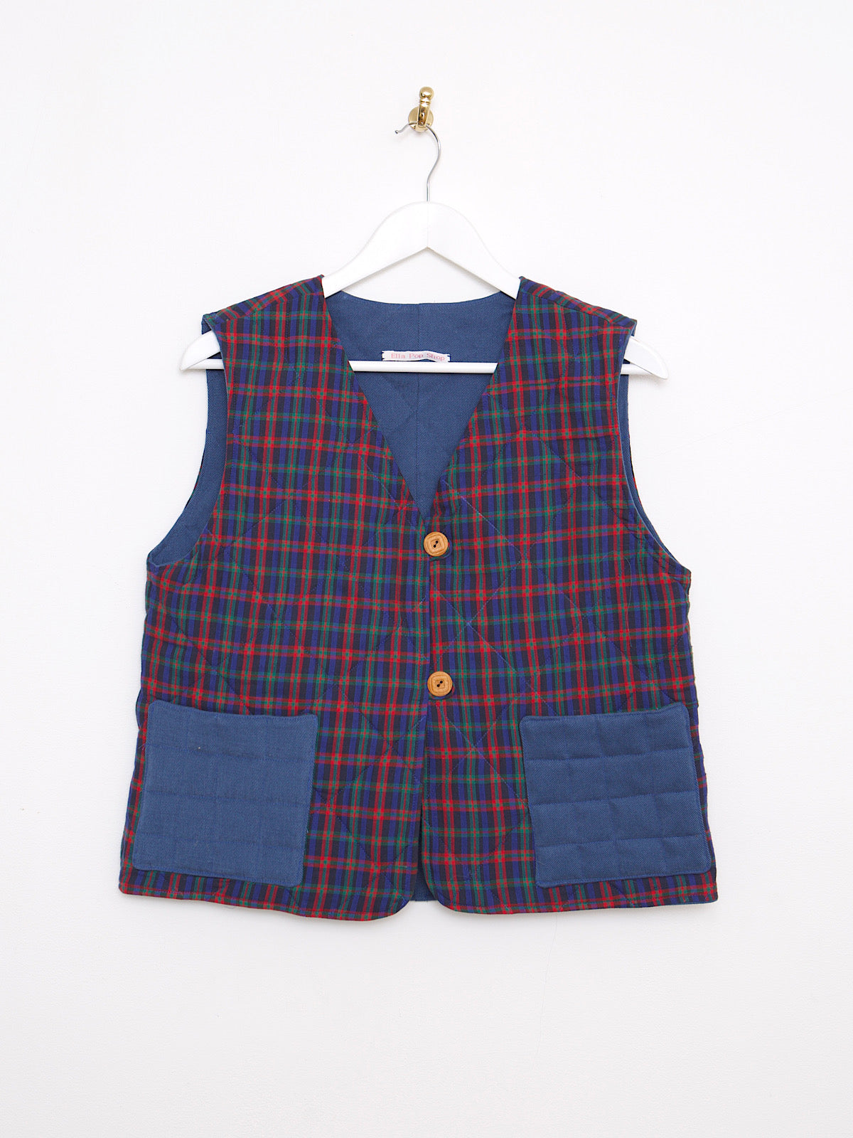 Handmade waistcoat red tartan & blue cotton fabrics