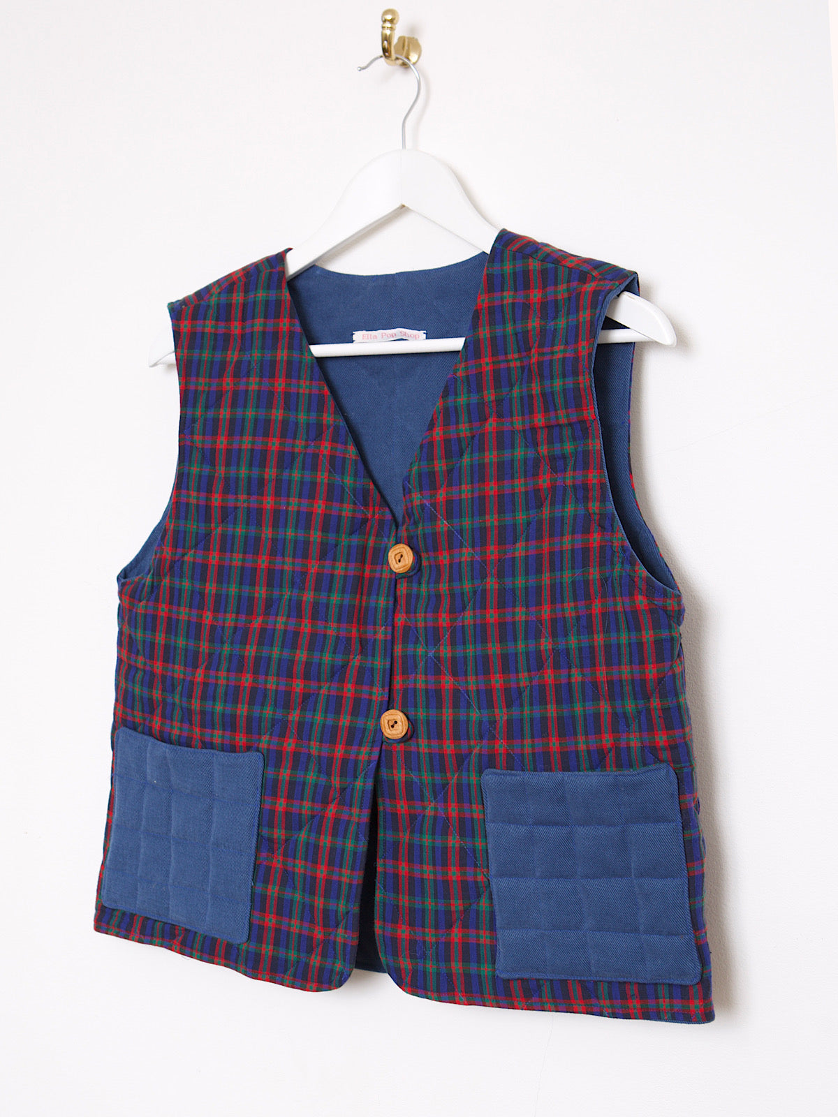 Handmade waistcoat red tartan & blue cotton fabrics