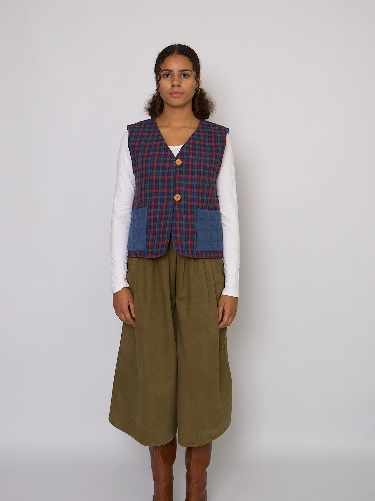 Handmade waistcoat red tartan & blue cotton fabrics