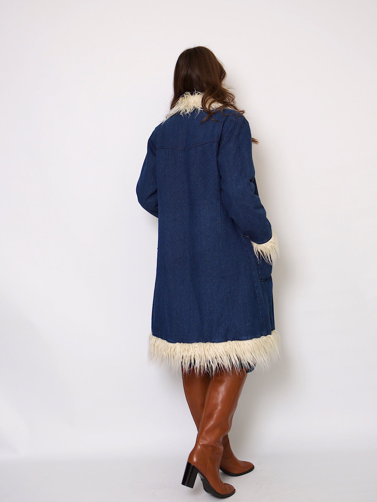 90s denim coat with white fluffy wool  trims