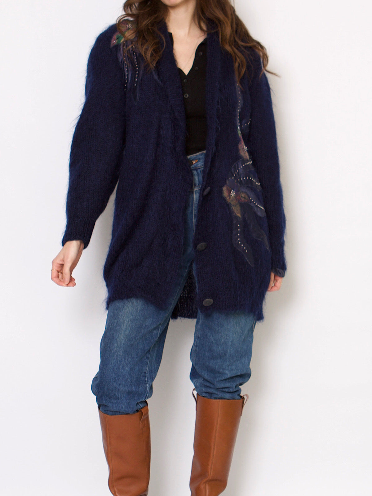 Vintage navy mohair cardigan with embellishments