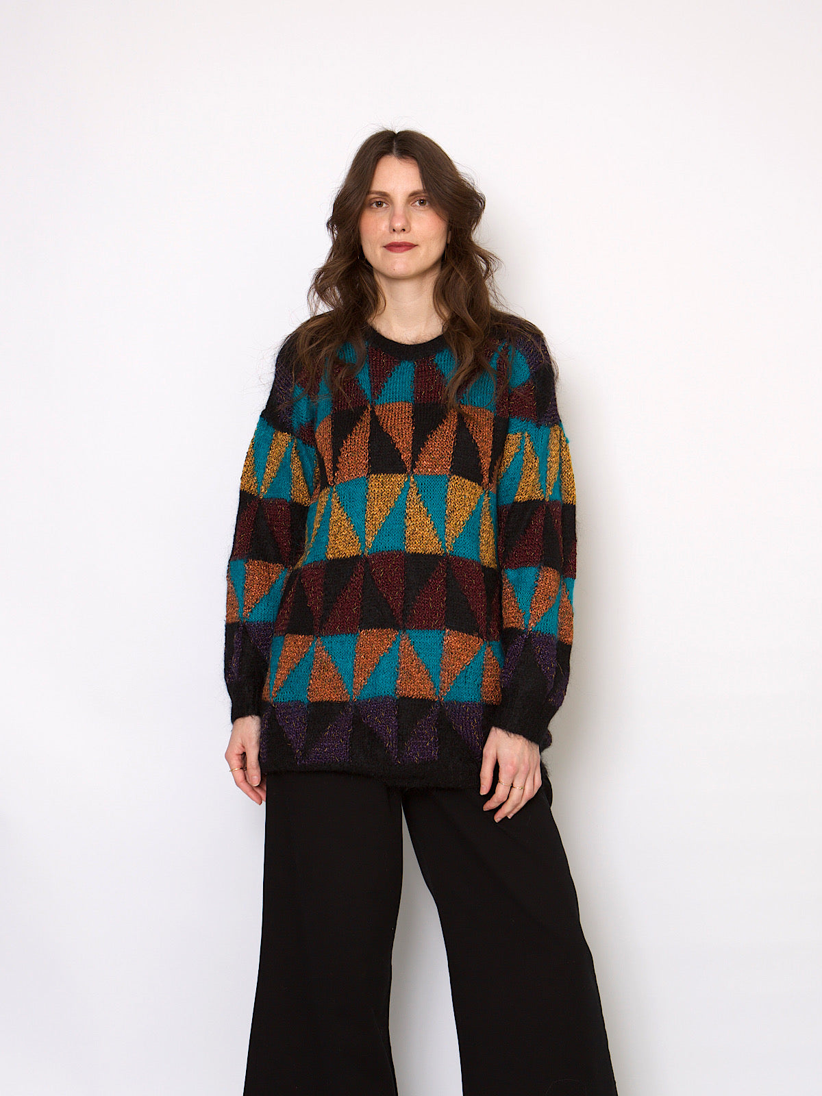 Vintage long mohair jumper geometric print gold & bronze