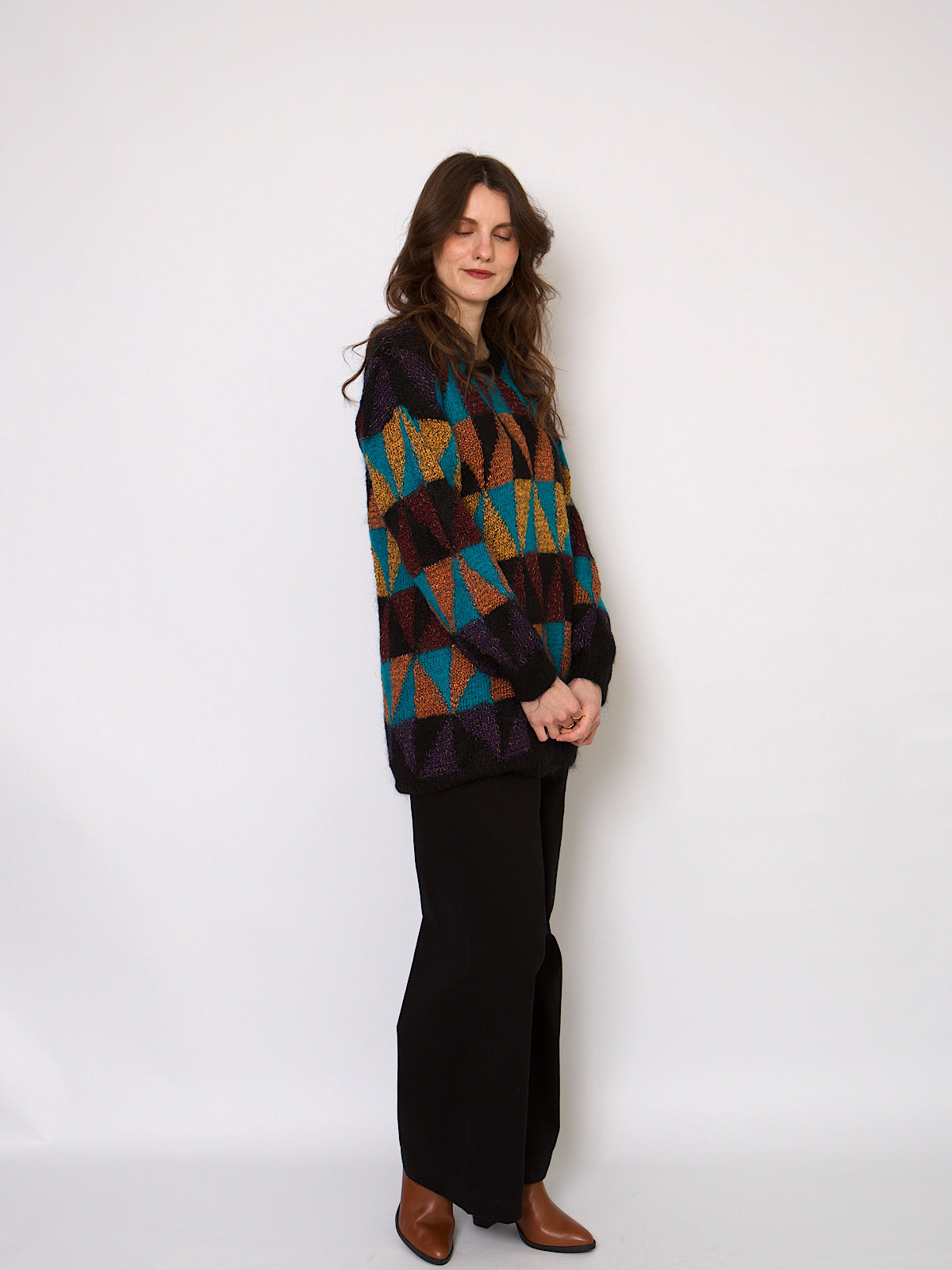 Vintage long mohair jumper geometric print gold & bronze