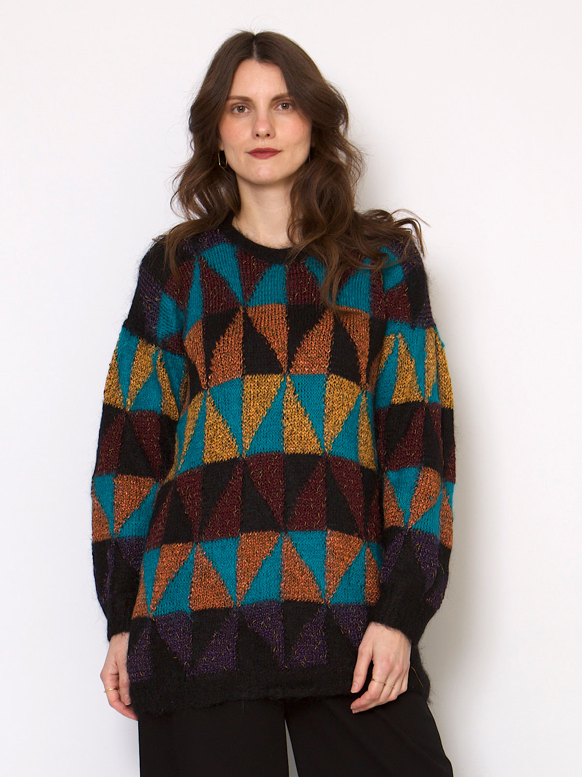 Vintage long mohair jumper geometric print gold & bronze