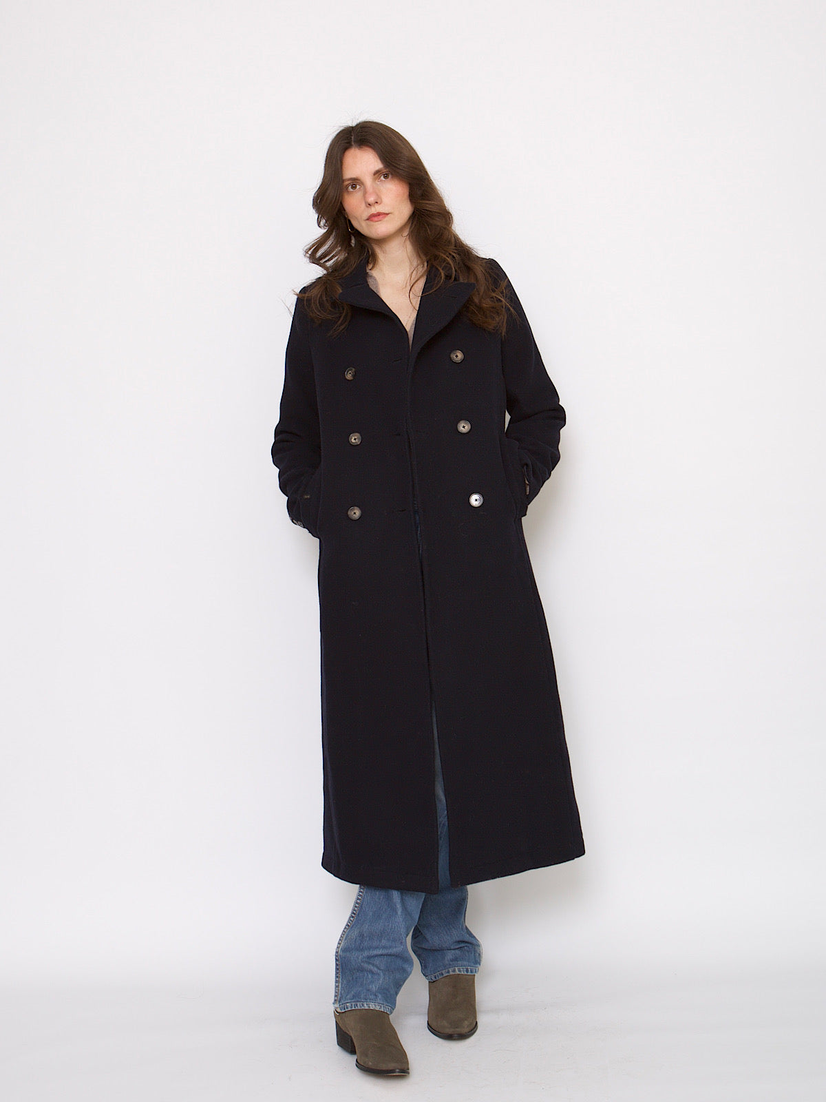 Y2K wool navy blue maxi coat double breasted