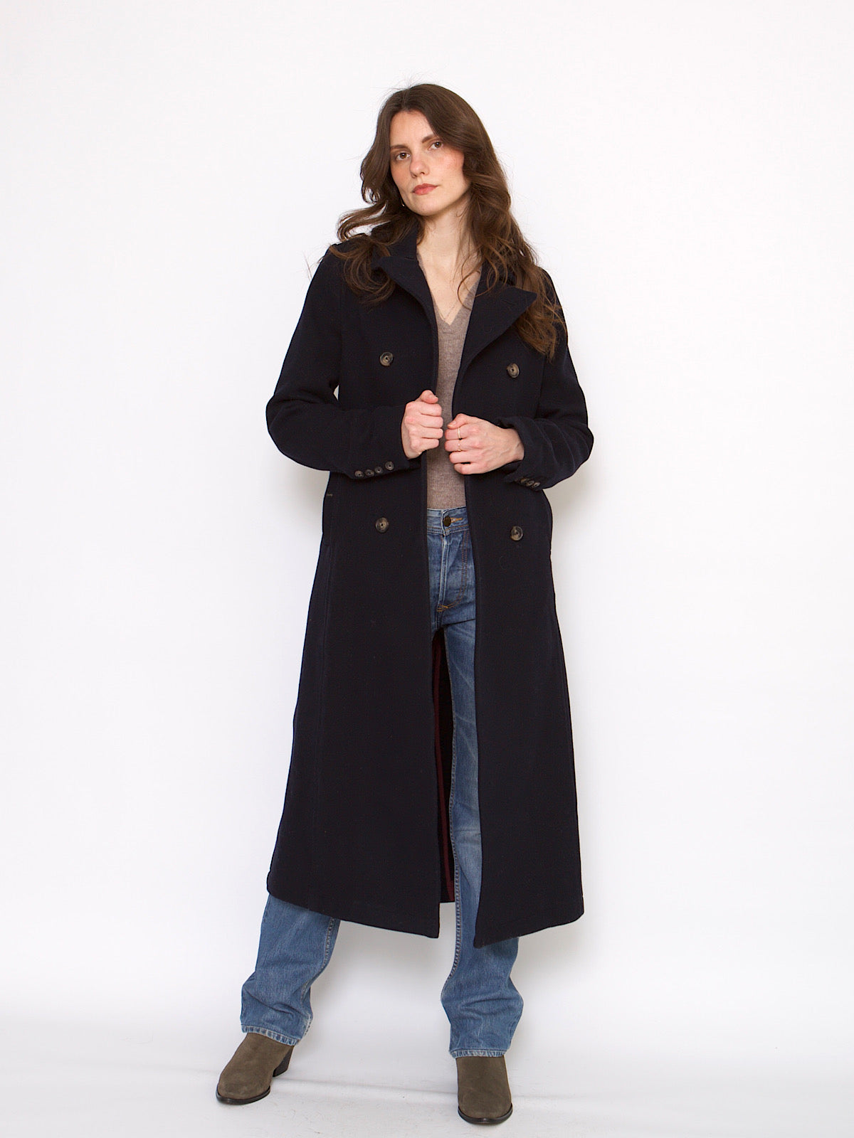 Y2K wool navy blue maxi coat double breasted