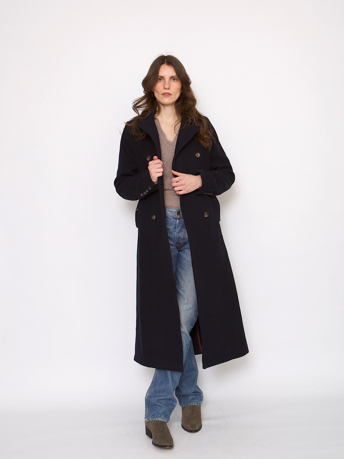 Y2K wool navy blue maxi coat double breasted