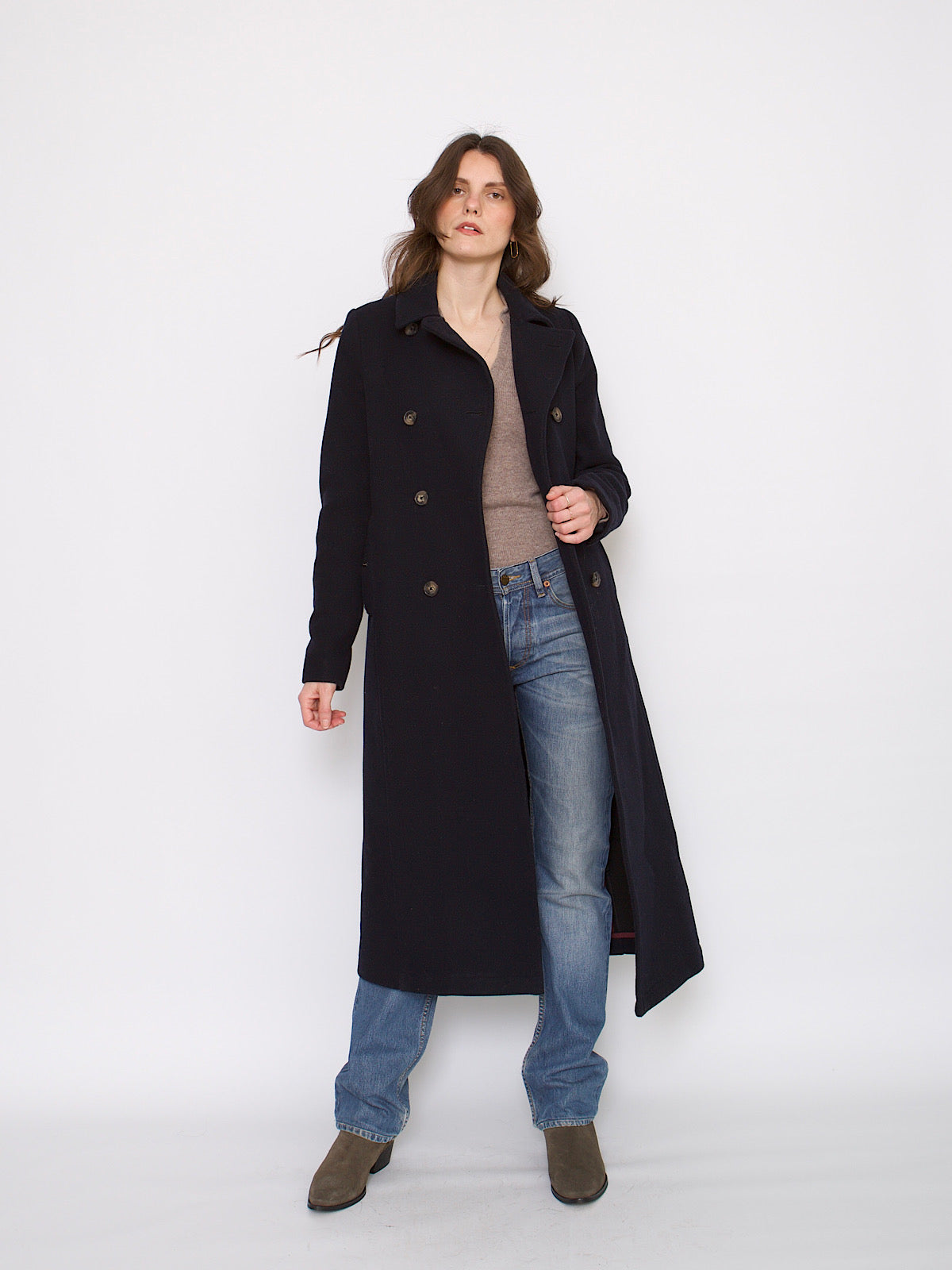 Y2K wool navy blue maxi coat double breasted