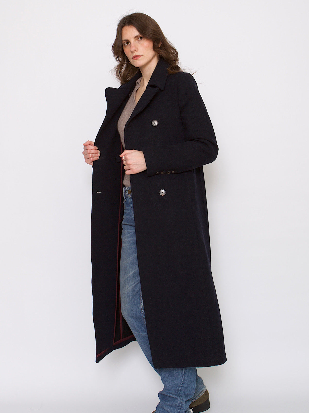 Y2K wool navy blue maxi coat double breasted