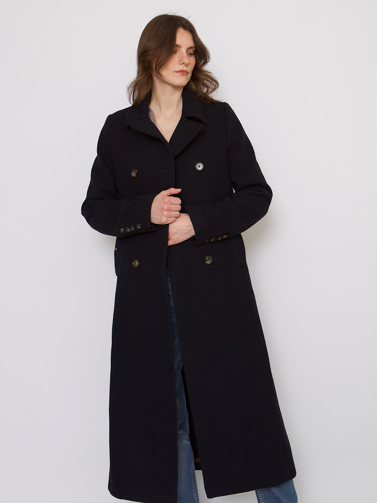 Y2K wool navy blue maxi coat double breasted