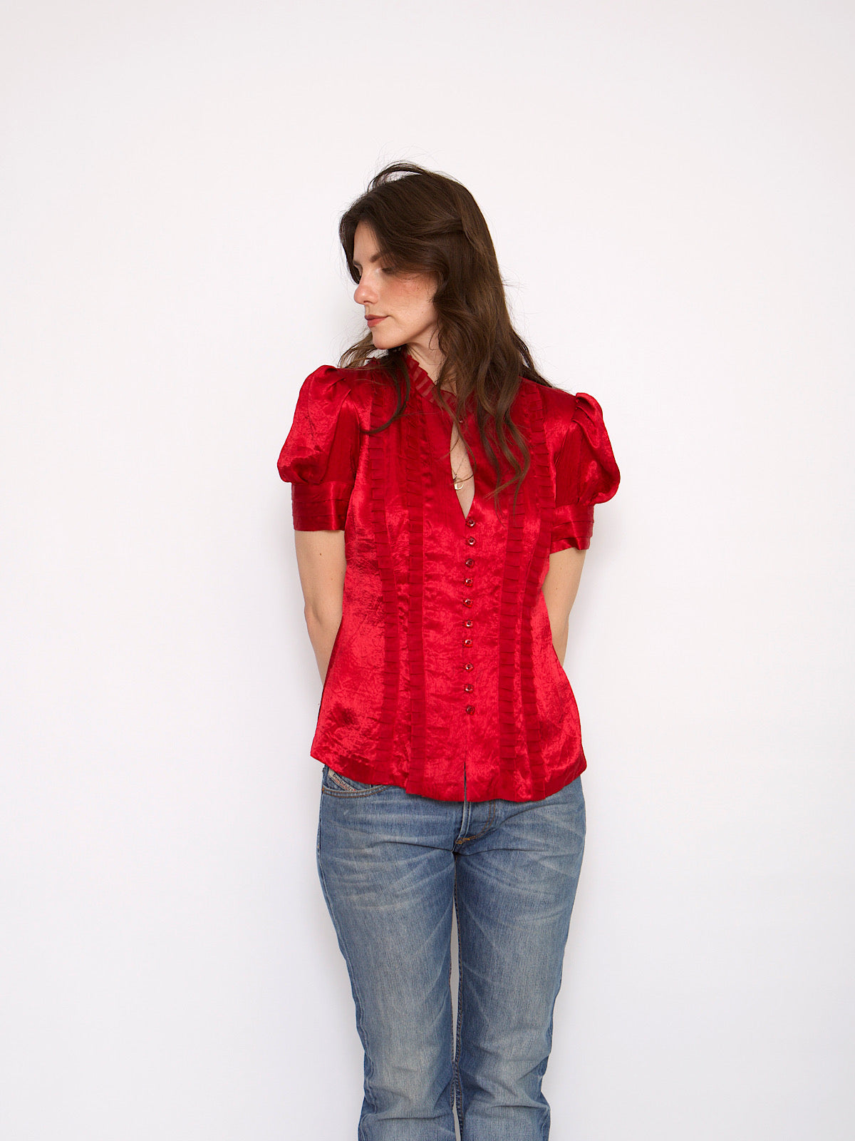 Dark red shirt pure silk puffy sleeves