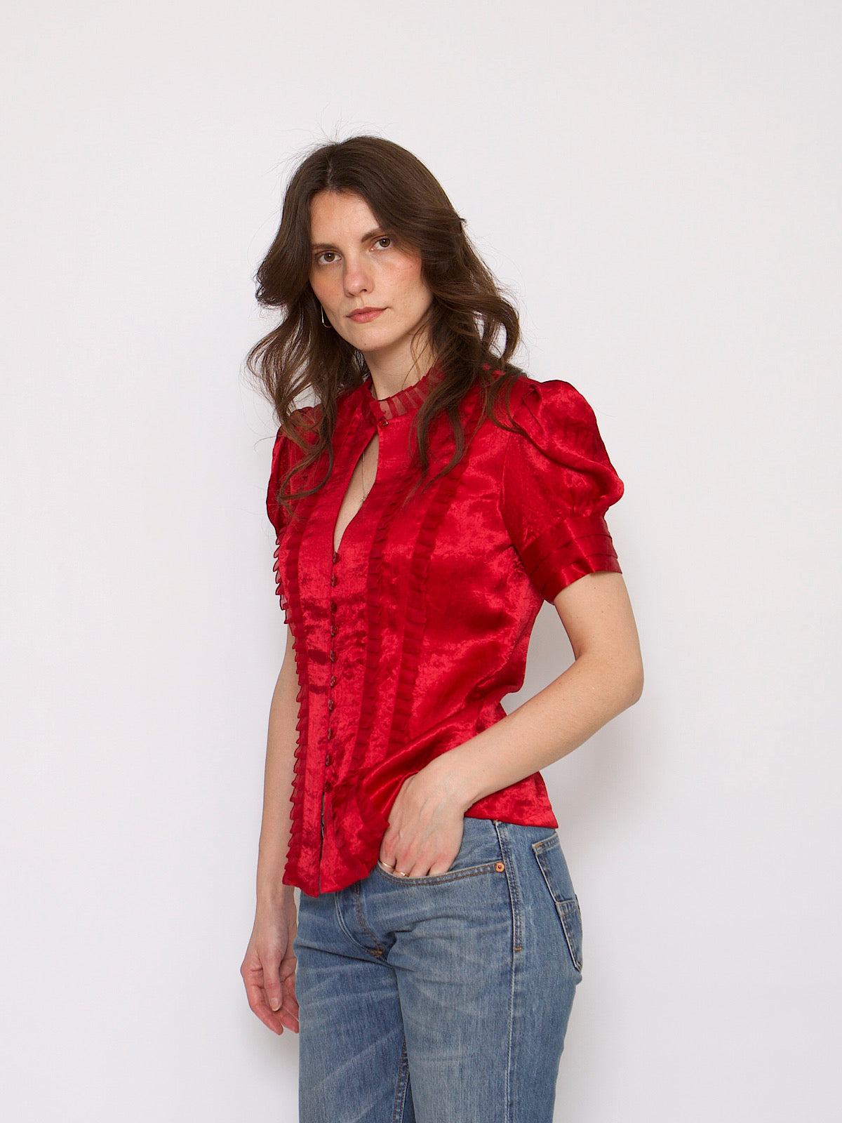 Dark red shirt pure silk puffy sleeves