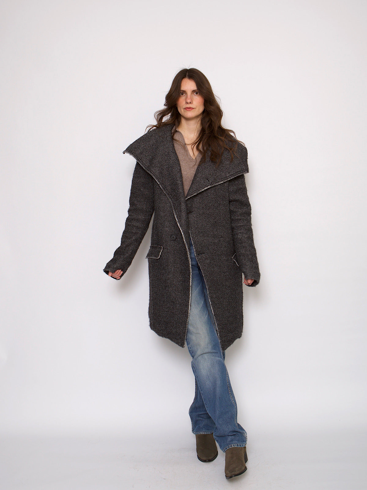 Y2K vintage grey coat oversized collar mid length