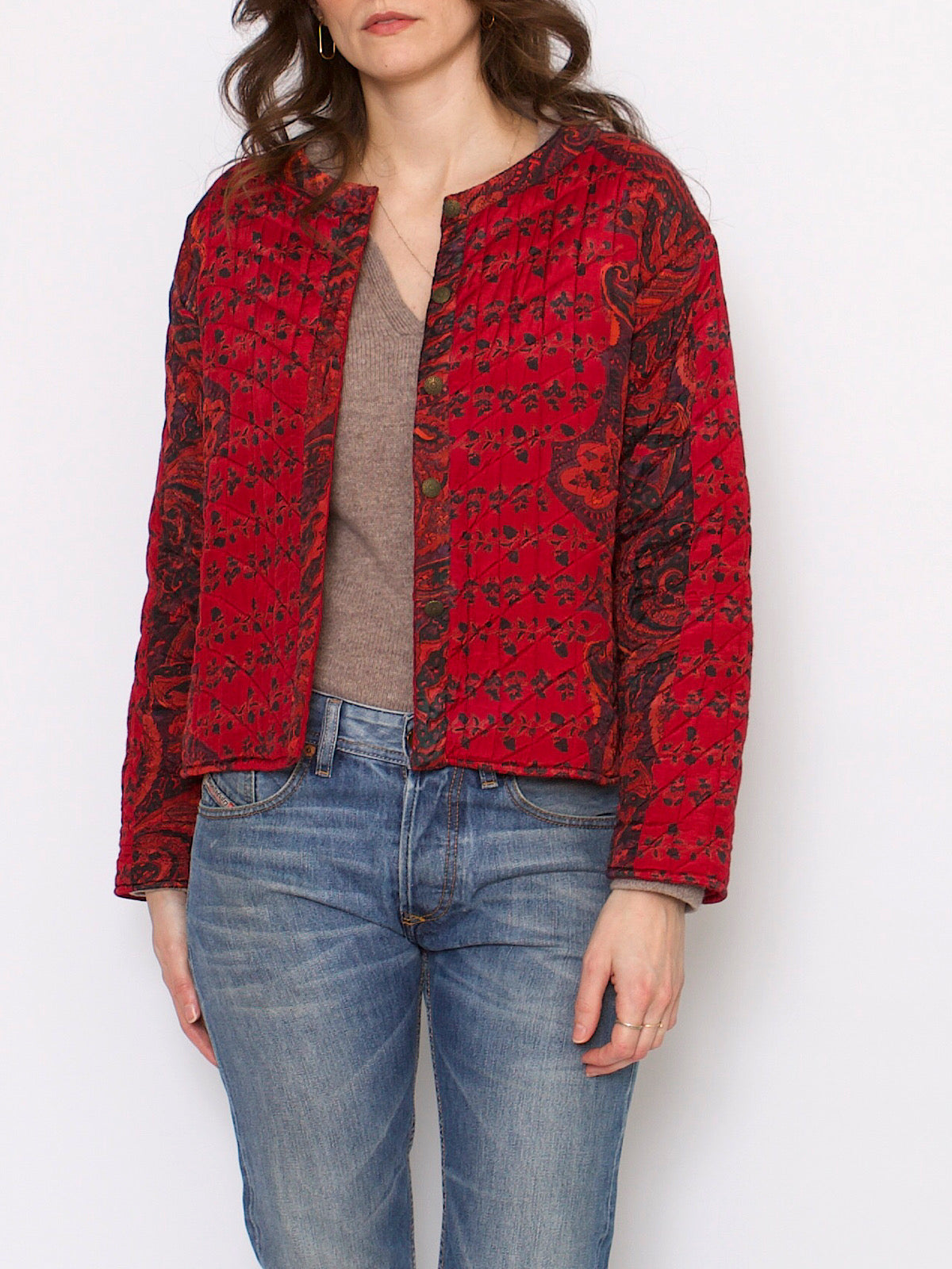 70s vintage quilted jacket maroon floral print