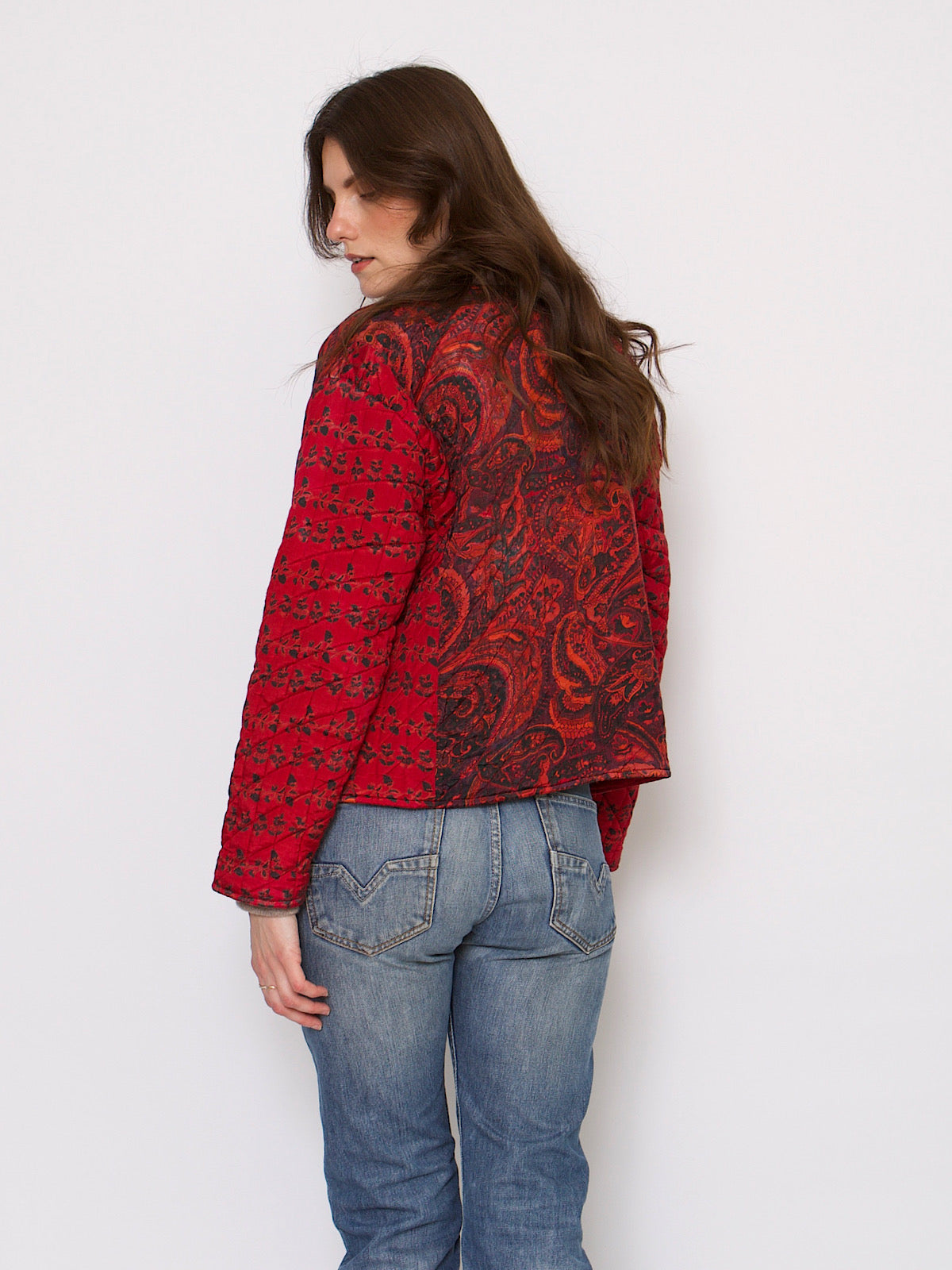 70s vintage quilted jacket maroon floral print