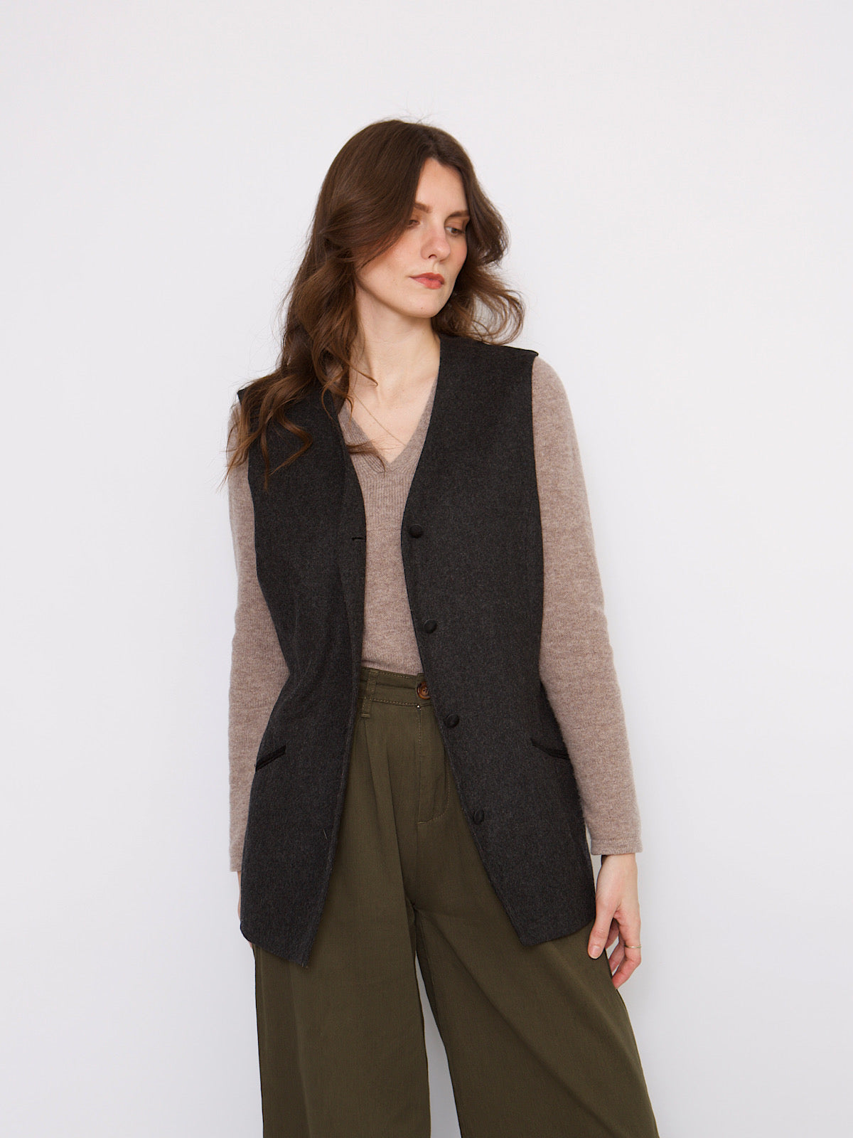 Grey wool long waistcoat with pockets