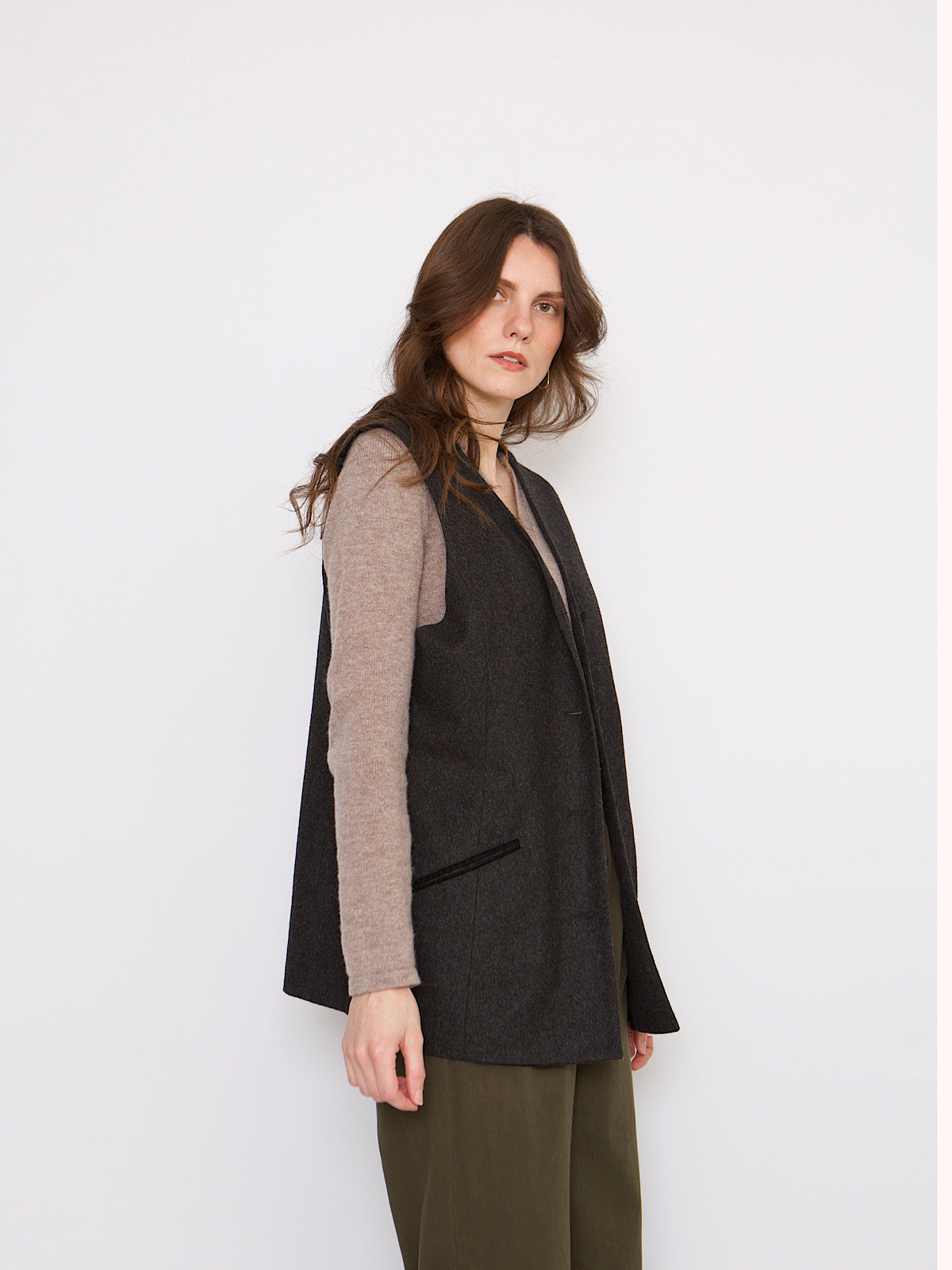 Grey wool long waistcoat with pockets