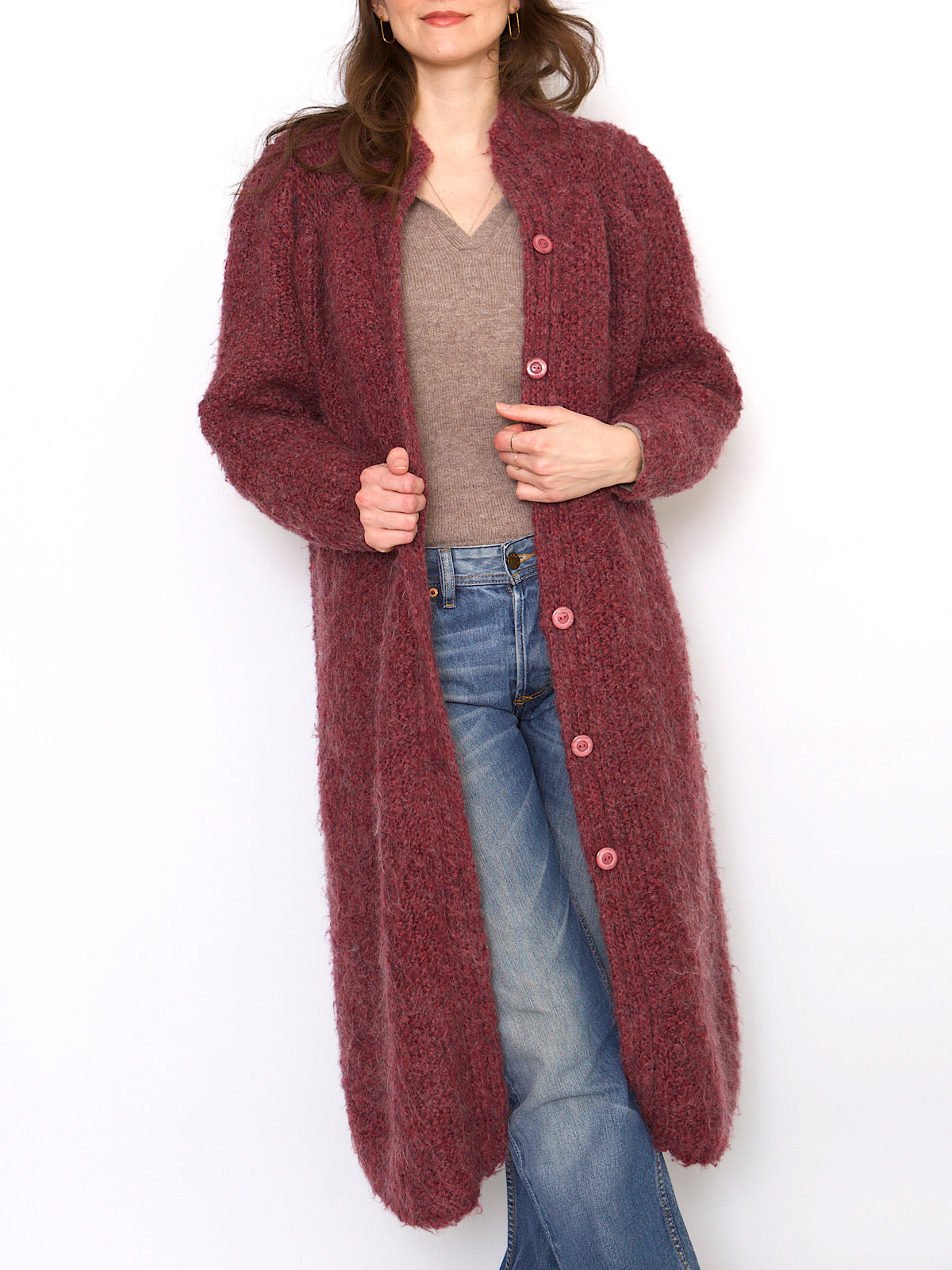 Vintage wool mohair long cardigan raspberry colour