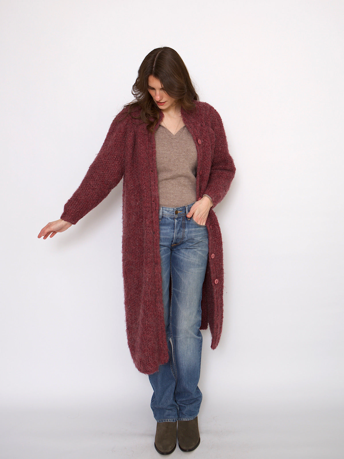 Vintage wool mohair long cardigan raspberry colour