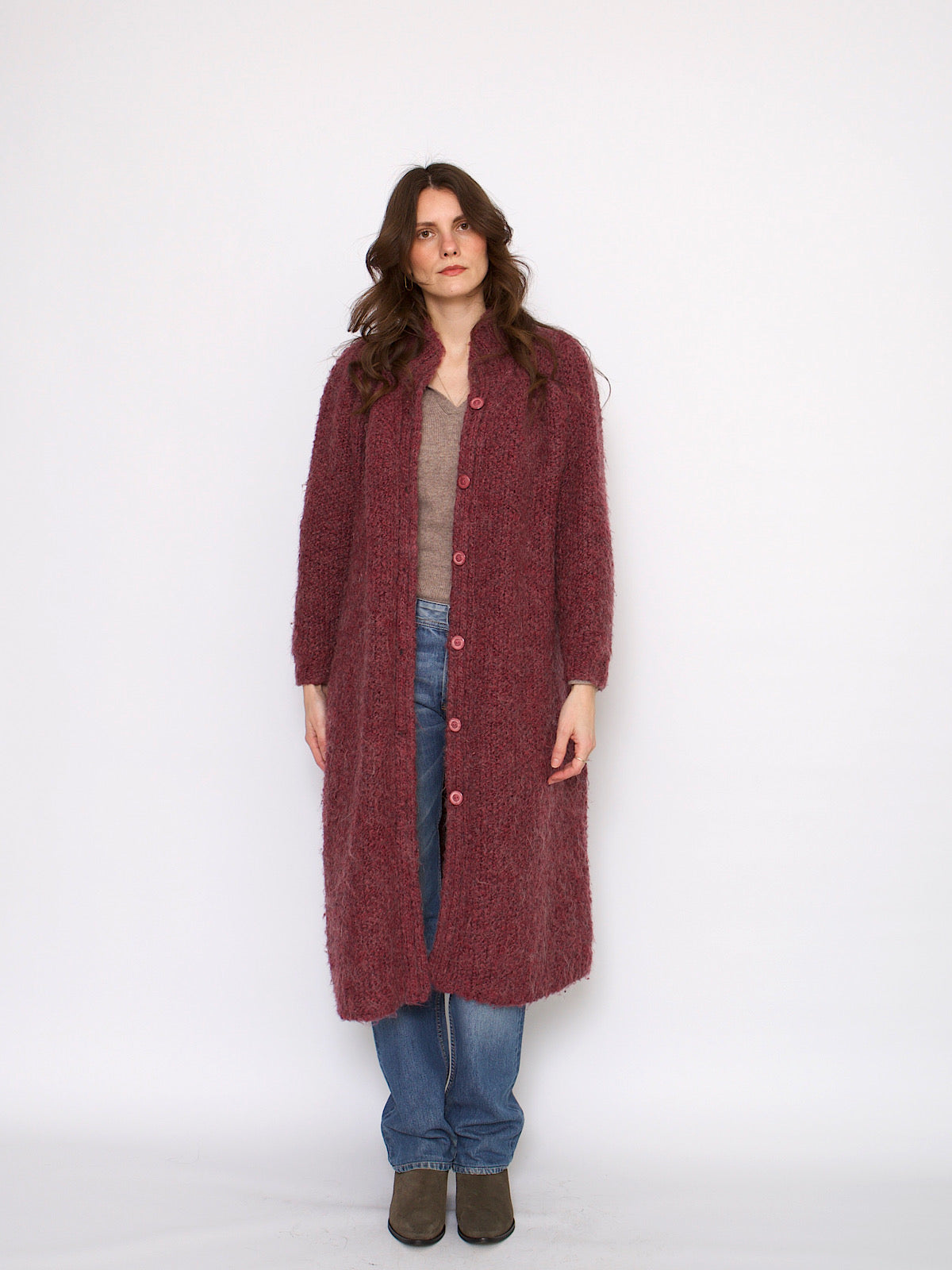 Vintage wool mohair long cardigan raspberry colour